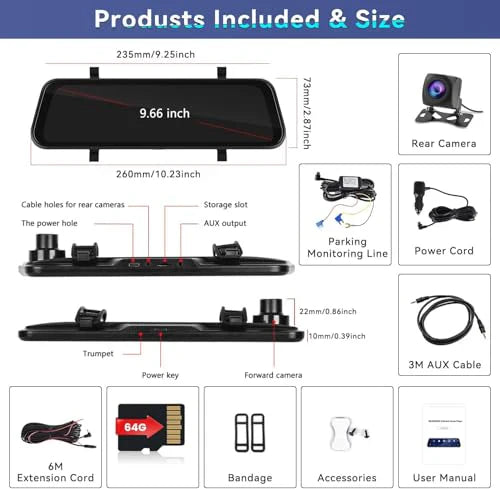 Xtremevision XV-98MR 9.66" Wireless CarPlay Dash Cam