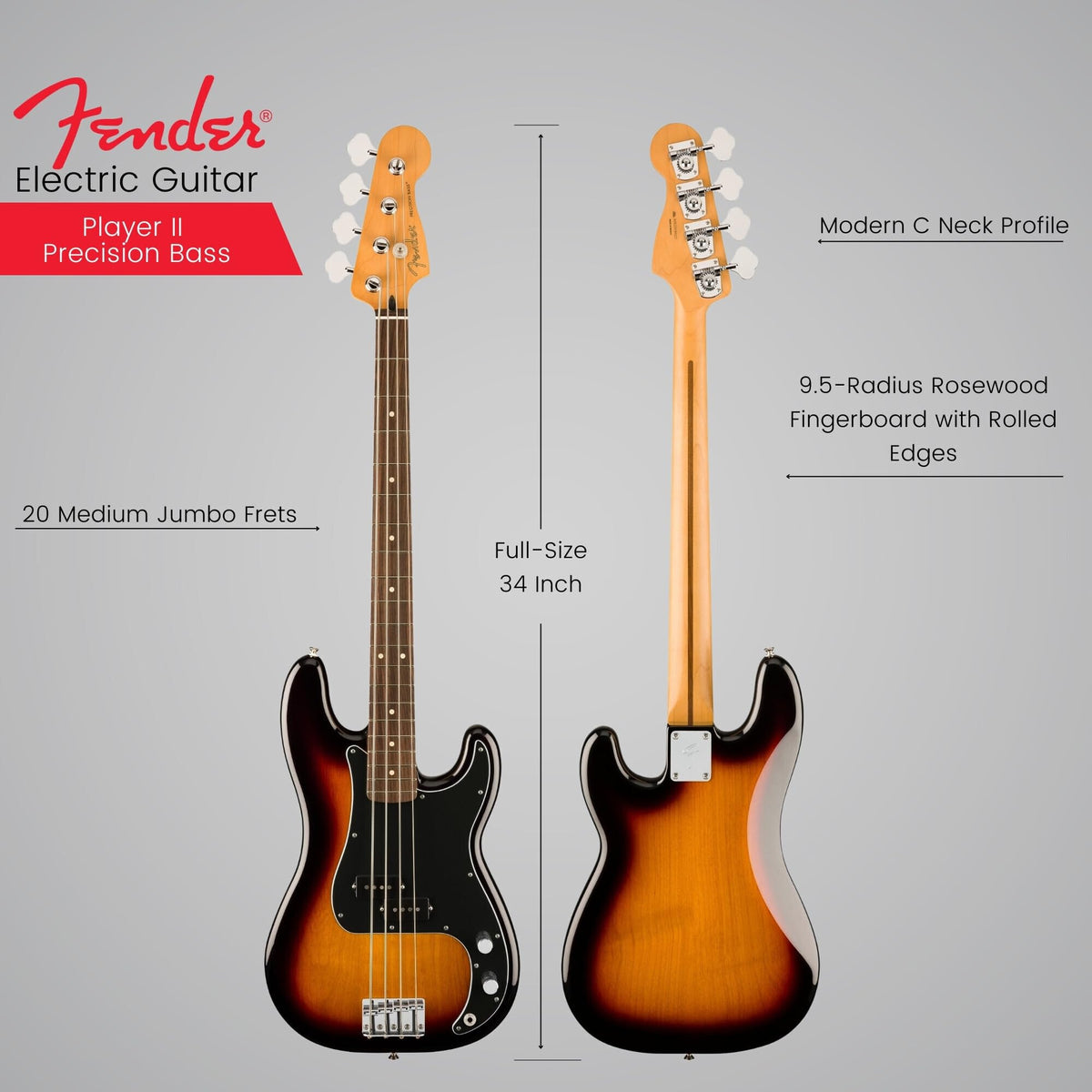 Fender 0140470500 Player II Precision Bass, 3-Color Sunburst