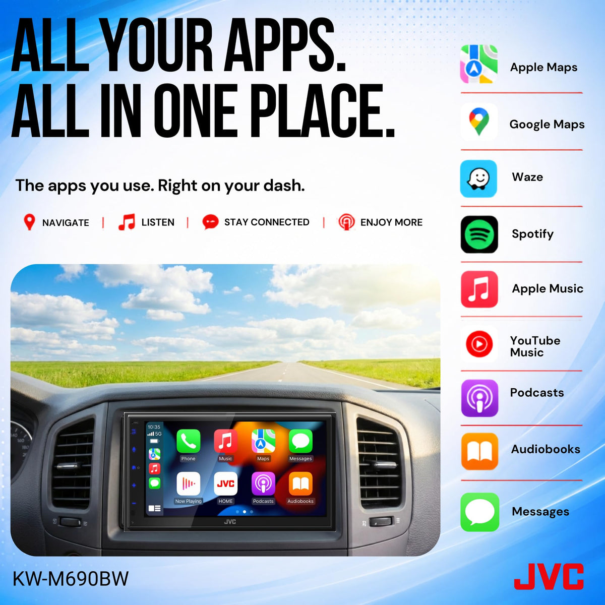 JVC KW-M690BW Double-DIN 6.8" Wireless CarPlay Receiver