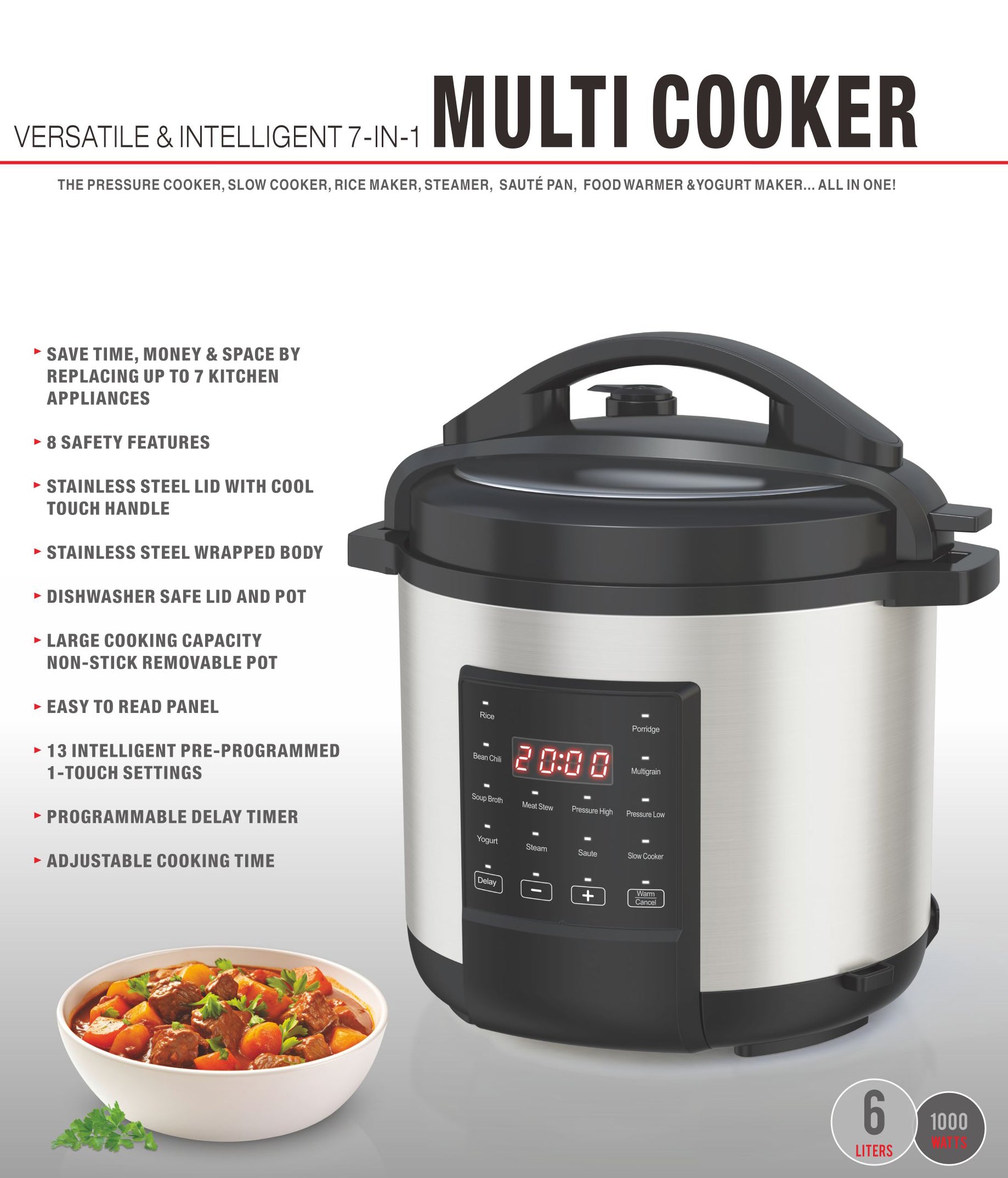 Versatile & Intelligent 7-in-1 Multi Cooker, 6-Liter Capacity, 1000W, Stainless Steel, Programmable Pressure Cooker