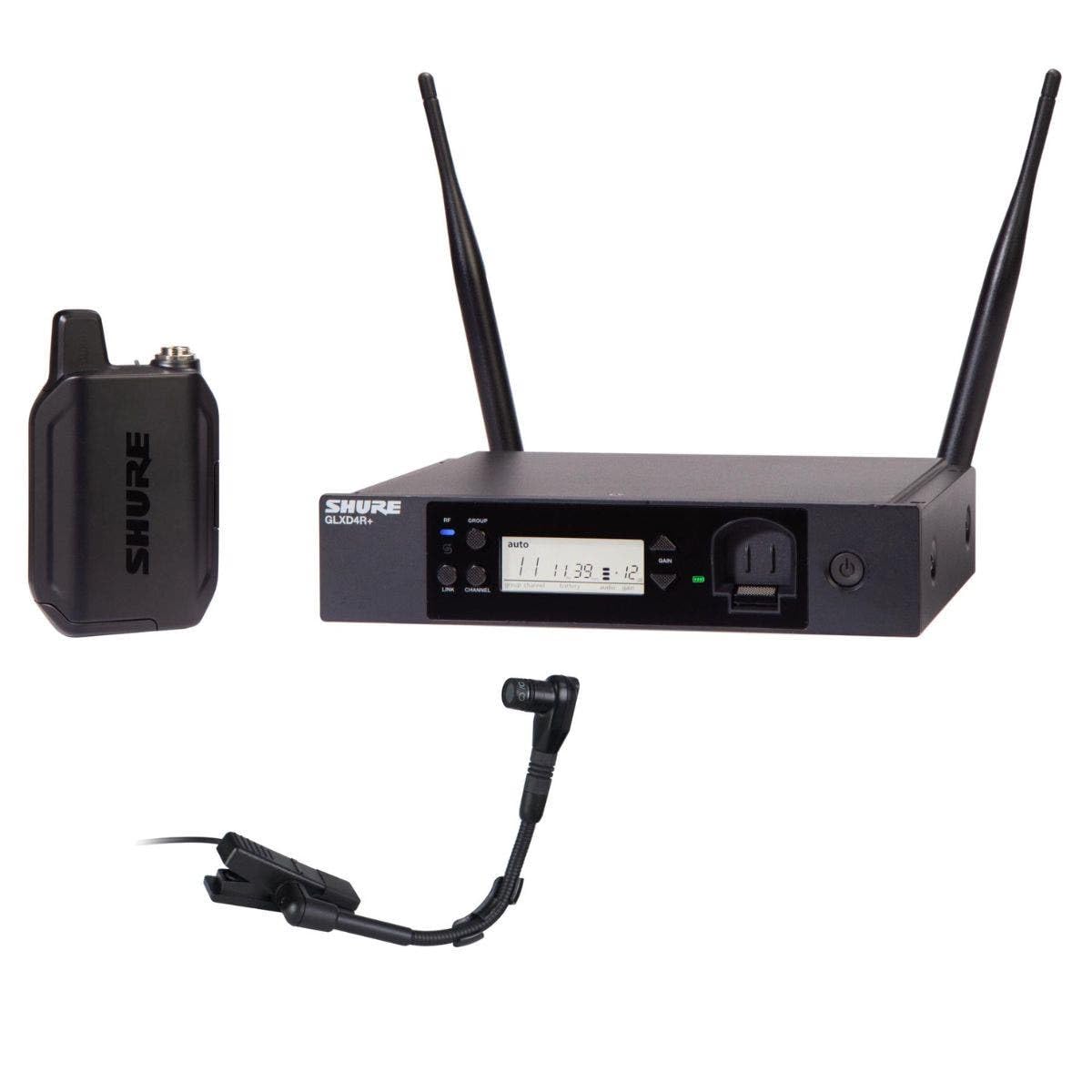Shure GLXD14R+/B98 Dual Band Digital Wireless Microphone System for Brass, Woodwinds, Percussion - 12-Hour Battery Life, 100 ft Range, Clip-on Instrument Mic, Single Channel Rack Mount Receiver