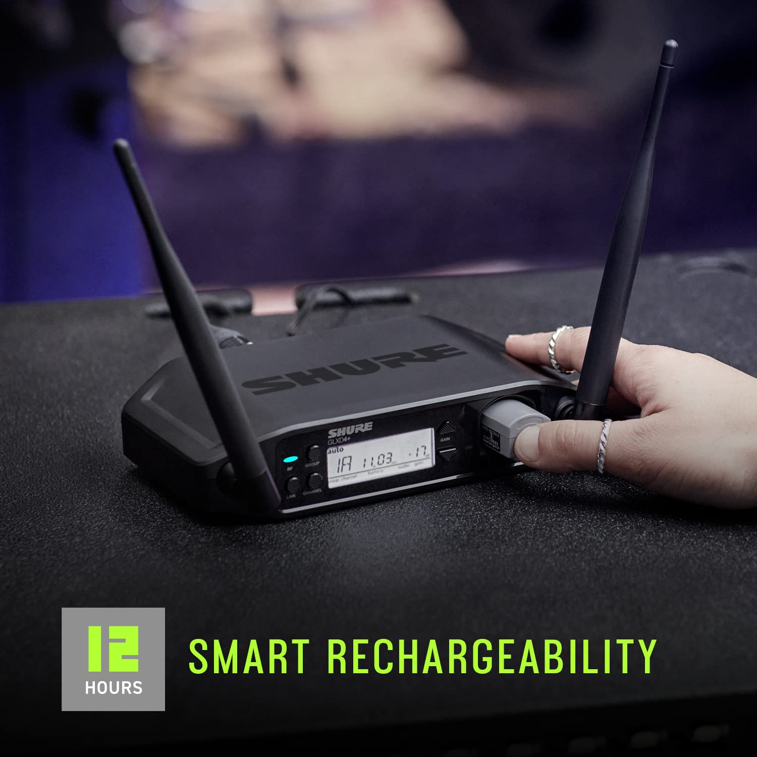 Shure GLXD14R+/B98 Dual Band Digital Wireless Microphone System for Brass, Woodwinds, Percussion - 12-Hour Battery Life, 100 ft Range, Clip-on Instrument Mic, Single Channel Rack Mount Receiver