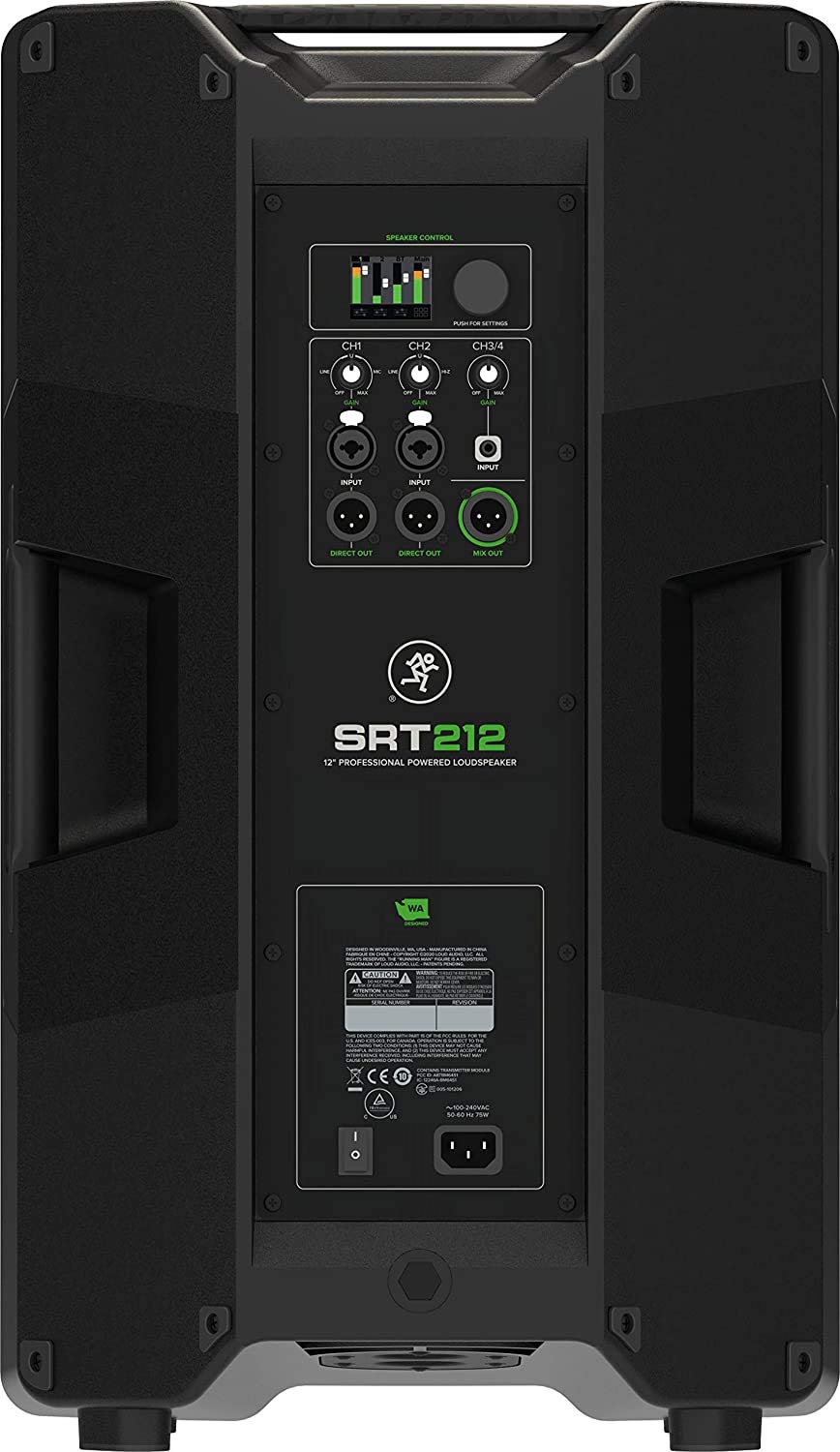 Pair of Mackie SRT212 1600W Powered PA Speaker with 12-inch Woofer, 4-Channel Digital Mixer, Impulse DSP Bluetooth with EMB Cables and Stands Bundle
