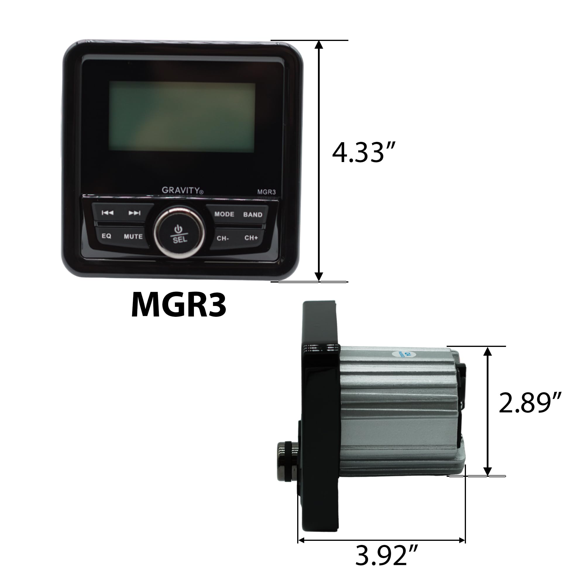 Gravity MGR3 Marine Stereo Receiver with 200W, Multi-Mode Playback (USB, SD, AUX, FM), Remote Control, Works with Bluetooth, and Weatherproof Design for Cars, Boats, ATVs, Motorcycles, and RVs.