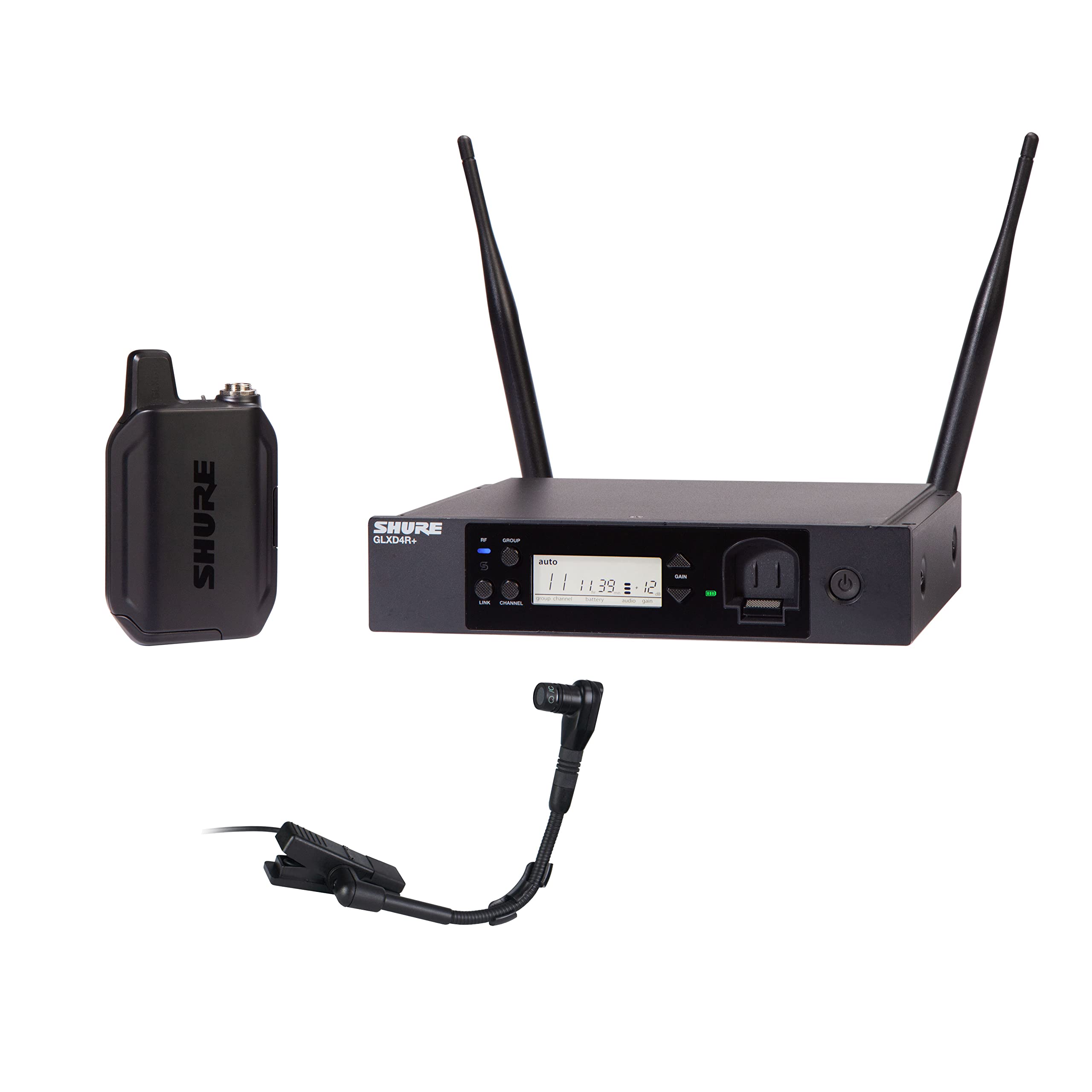 Shure GLXD14R+/B98 Dual Band Digital Wireless Microphone System for Brass, Woodwinds, Percussion - 12-Hour Battery Life, 100 ft Range, Clip-on Instrument Mic, Single Channel Rack Mount Receiver