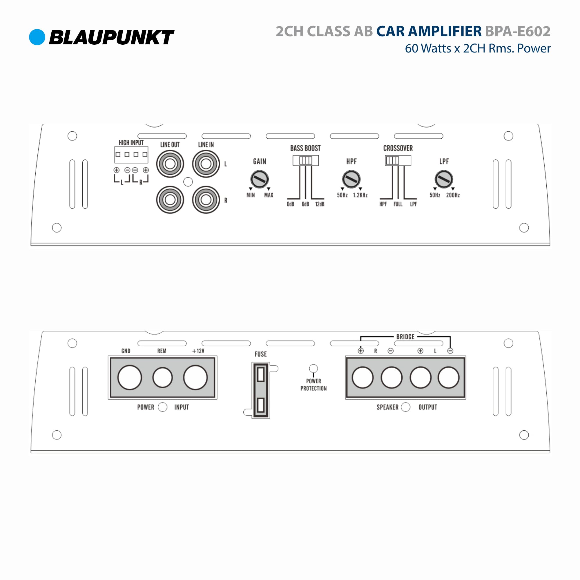 BLAUPUNKT BPA-E602 2-Channel Class AB Car Amplifier - 800W Max Power, 180W RMS Bridged - Compact Design for Crystal-Clear Audio