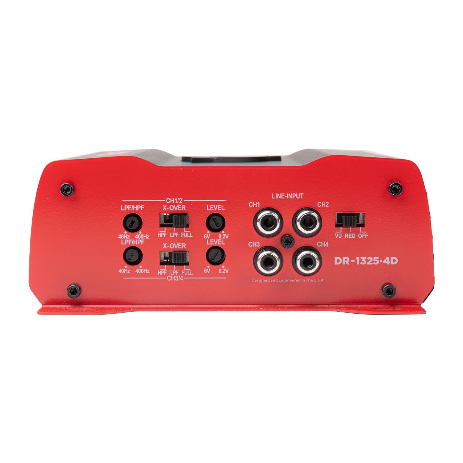 Crunch DR-1325.4D V-Drive 1325W 4-Channel Car Audio Amplifier - Class D, QTD Cooling, LED VU-Meter, Adjustable Crossovers, Multiple Operation Modes