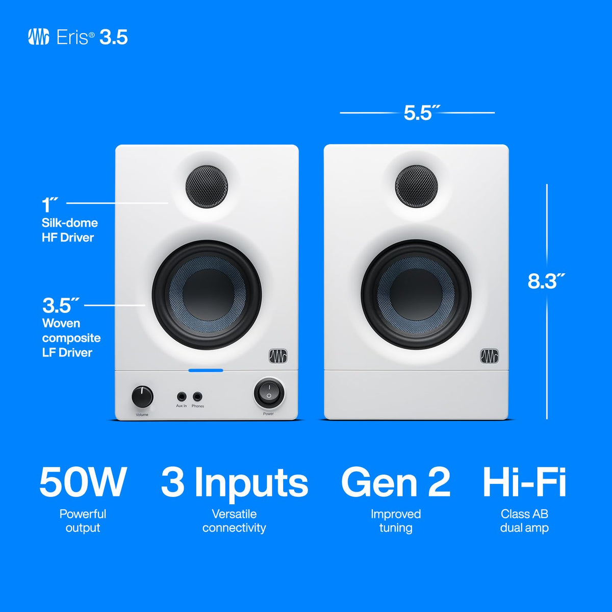 PreSonus ERIS-3.5-WH 3.5" Powered Studio Monitor Pair