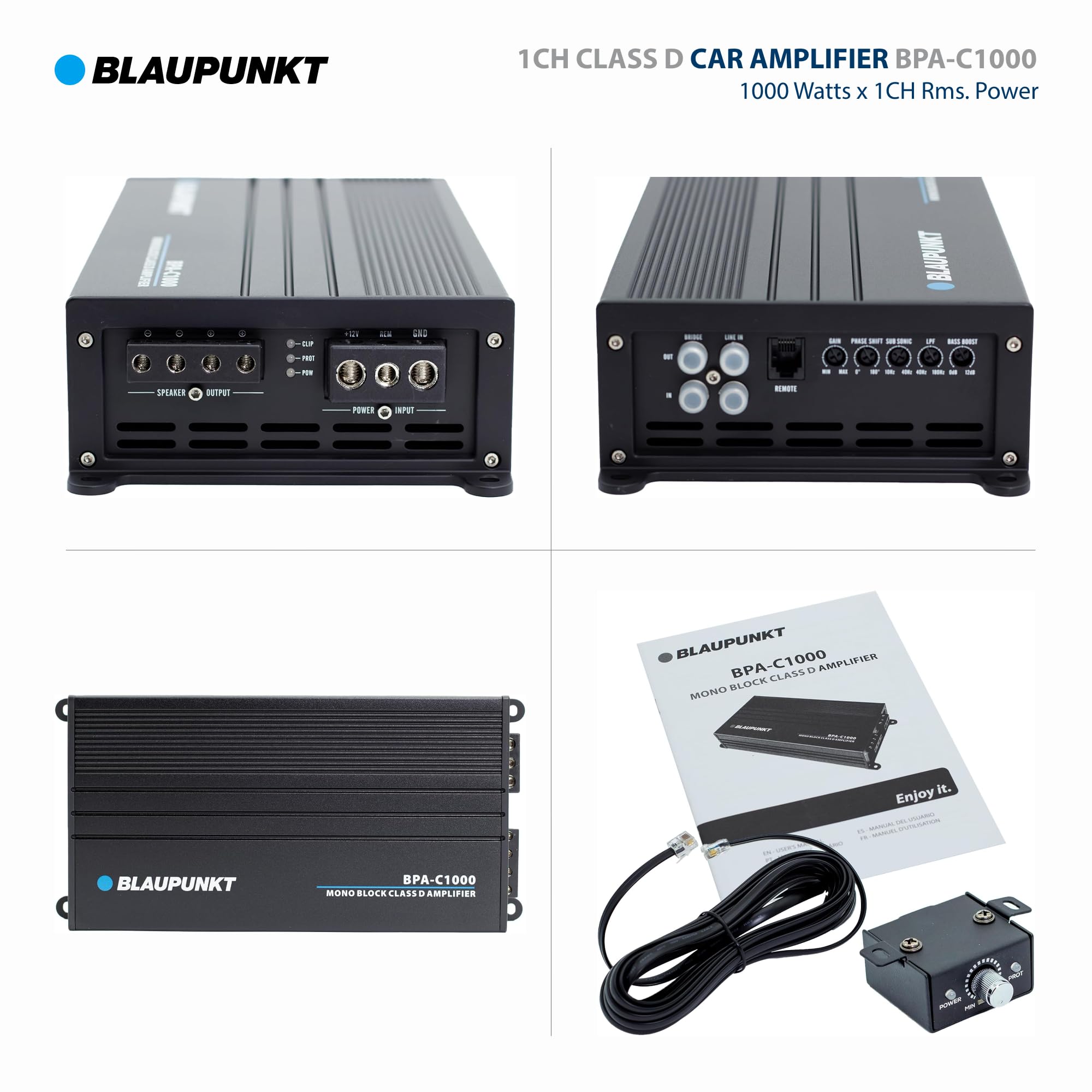 BLAUPUNKT BPA-C1000 Elite C-Series Car Audio Mono Block Class D Amplifier - 1000 Watts x 1-Channel Rms - 2000 Watts Max Power Monoblock Amp - Black
