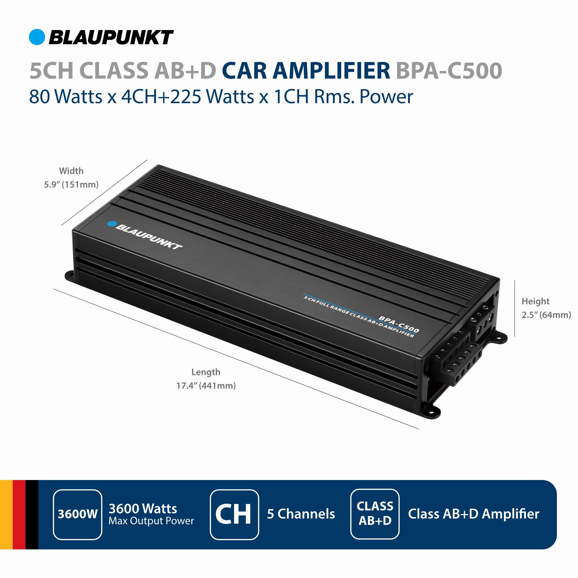 BLAUPUNKT BPA-C500 Elite Car Audio Class AB + Class D 5-Channel 3600W Stereo Amplifier