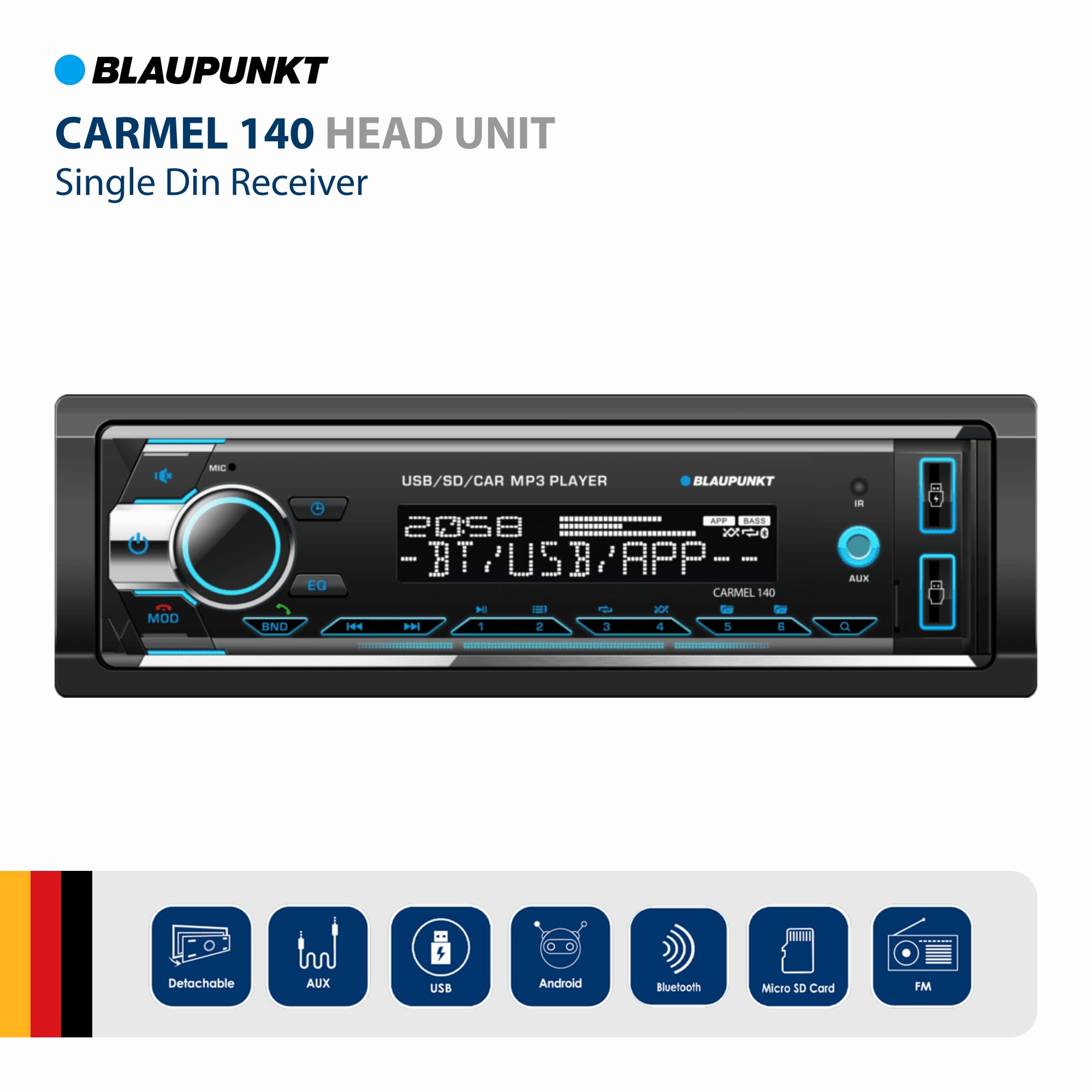 BLAUPUNKT Carmel 140 Single Din Multimedia MP3 Receiver Front USB Port - Black
