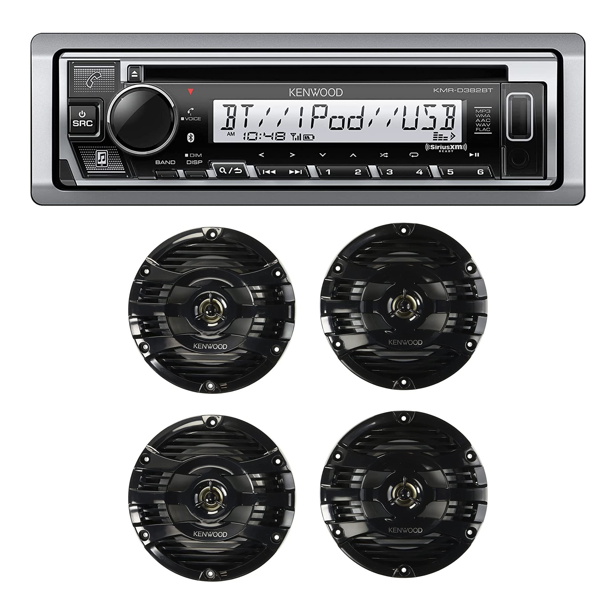 KENWOOD KMR-D382BT Car & Marine Stereo-Single Din, Bluetooth Audio, CD USB MP3, Aux in, AM FM Radio, Weatherproof | Plus 2X KENWOOD KFC-1653MRB 6.5