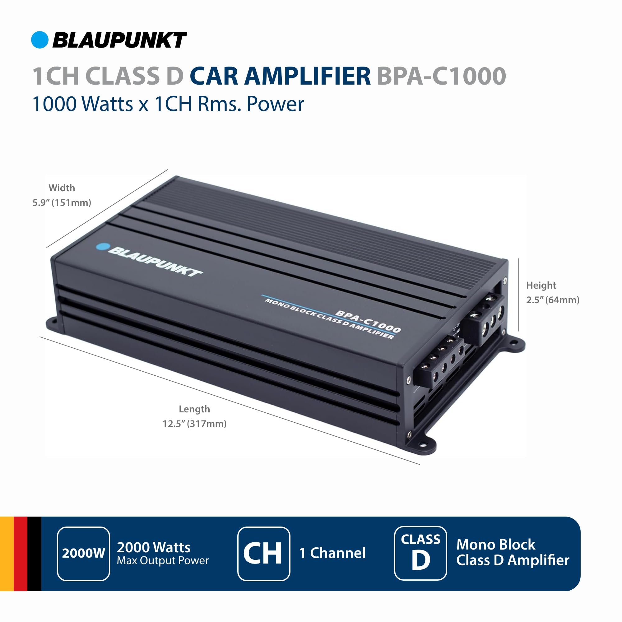 BLAUPUNKT BPA-C1000 Elite C-Series Car Audio Mono Block Class D Amplifier - 1000 Watts x 1-Channel Rms - 2000 Watts Max Power Monoblock Amp - Black