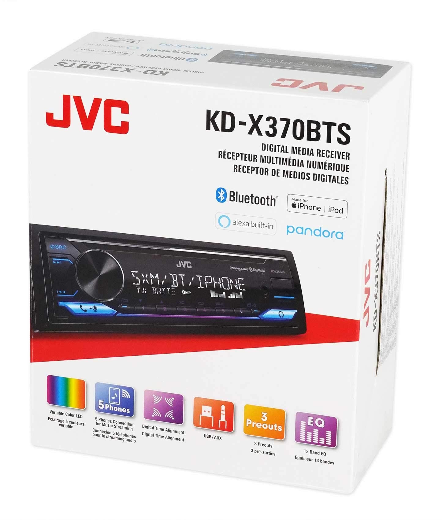 JVC KD-X370BTS Digital Media Receiver w/Bluetooth/Amazon Alexa/USB/SiriusXM/App Bundle with Metra IB3.5MM 6 Foot 3.5mm Male to 3.5mm Male 6 ft. Aux Cable (2 Item)