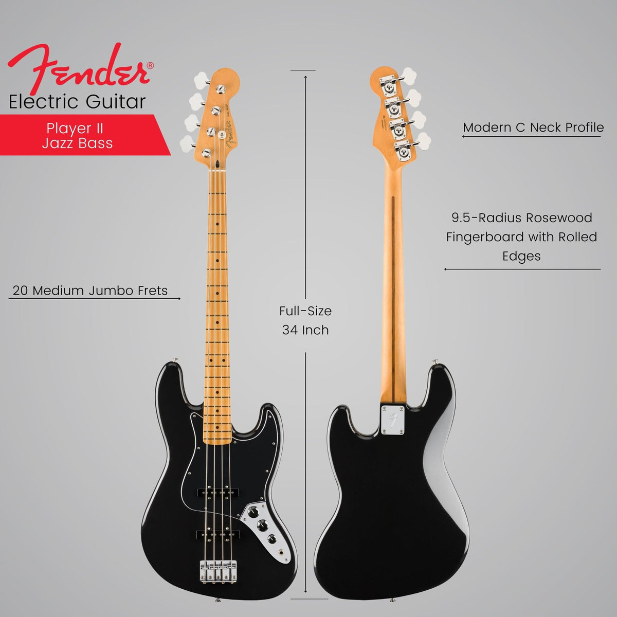 Fender 140482506 Player II Jazz Bass, Black Maple