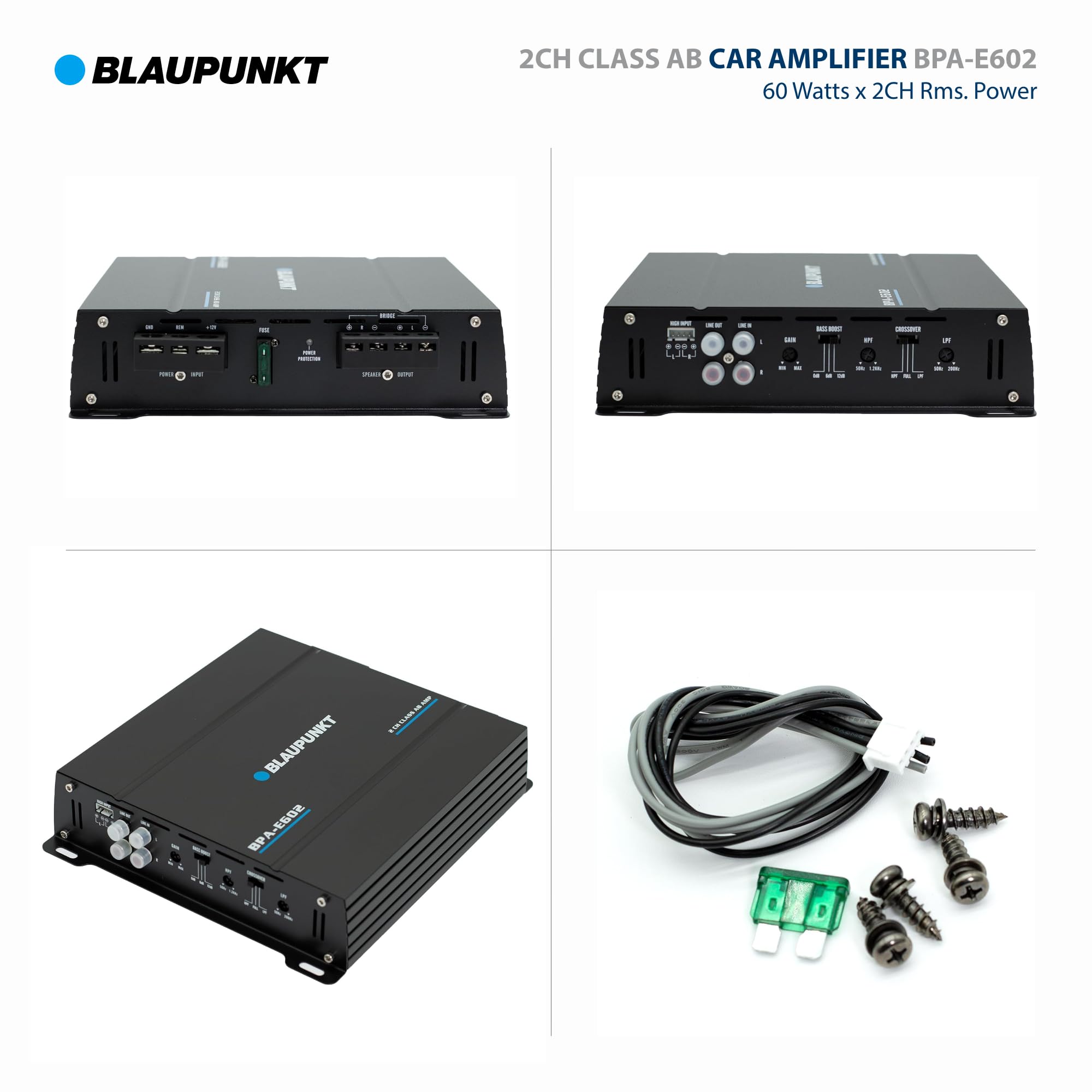 BLAUPUNKT BPA-E602 2-Channel Class AB Car Amplifier - 800W Max Power, 180W RMS Bridged - Compact Design for Crystal-Clear Audio