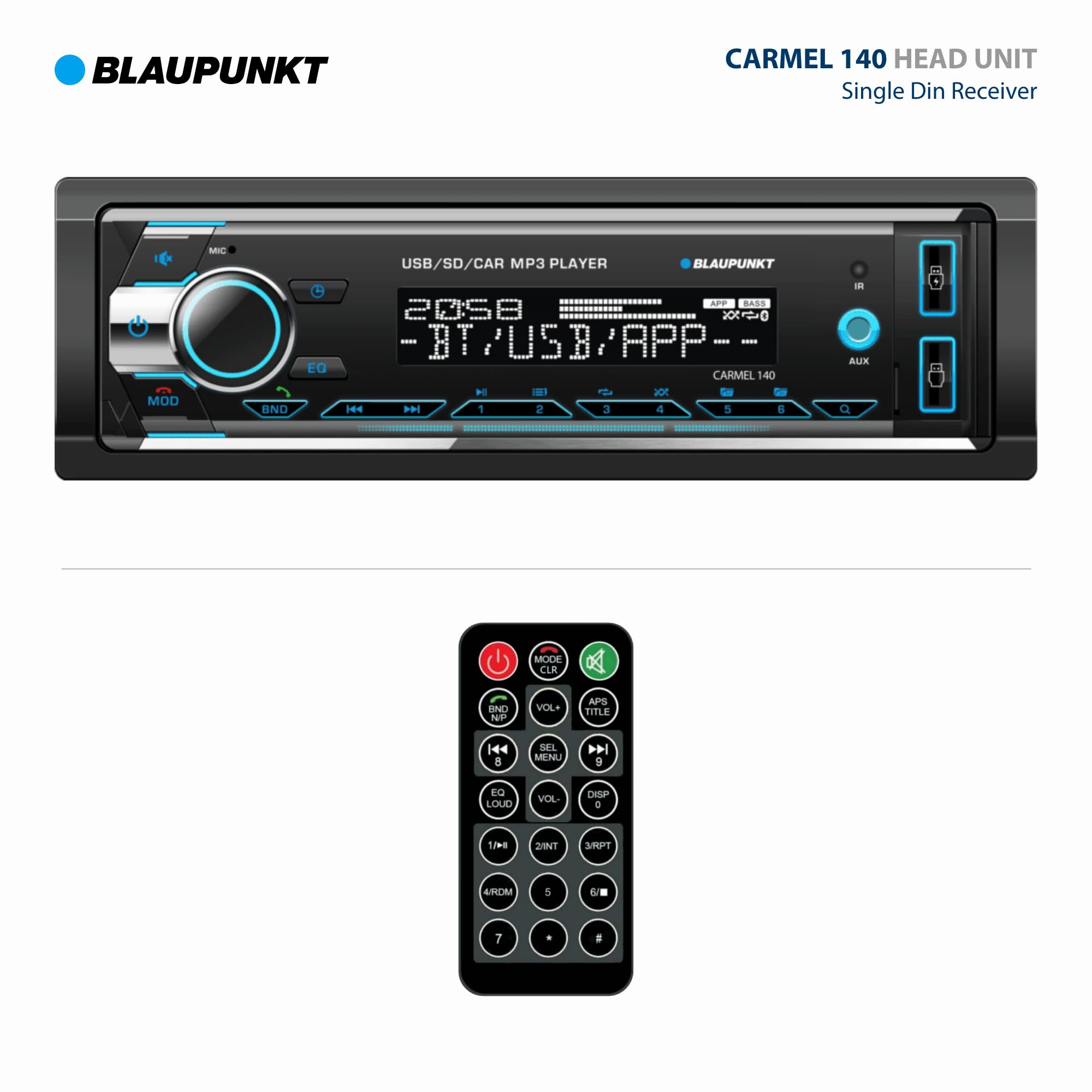 BLAUPUNKT Carmel 140 Single Din Multimedia MP3 Receiver Front USB Port - Black