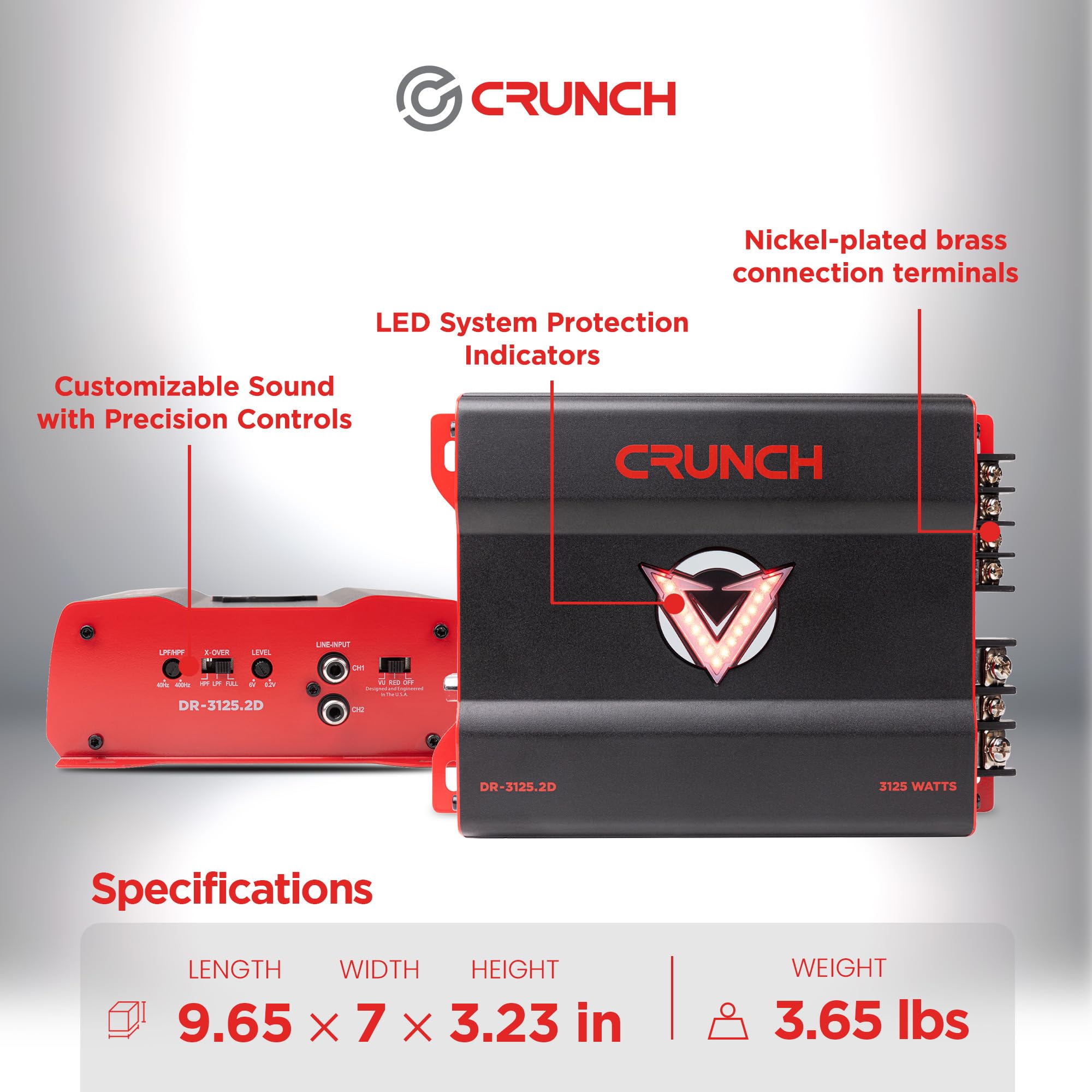 Crunch 3125W 2 Channel Subwoofer Car Audio Amplifier with Adjustable Crossovers, Bass Knob & Remote, LED VU-Meter, QTD Cooling and PWM Power Supply