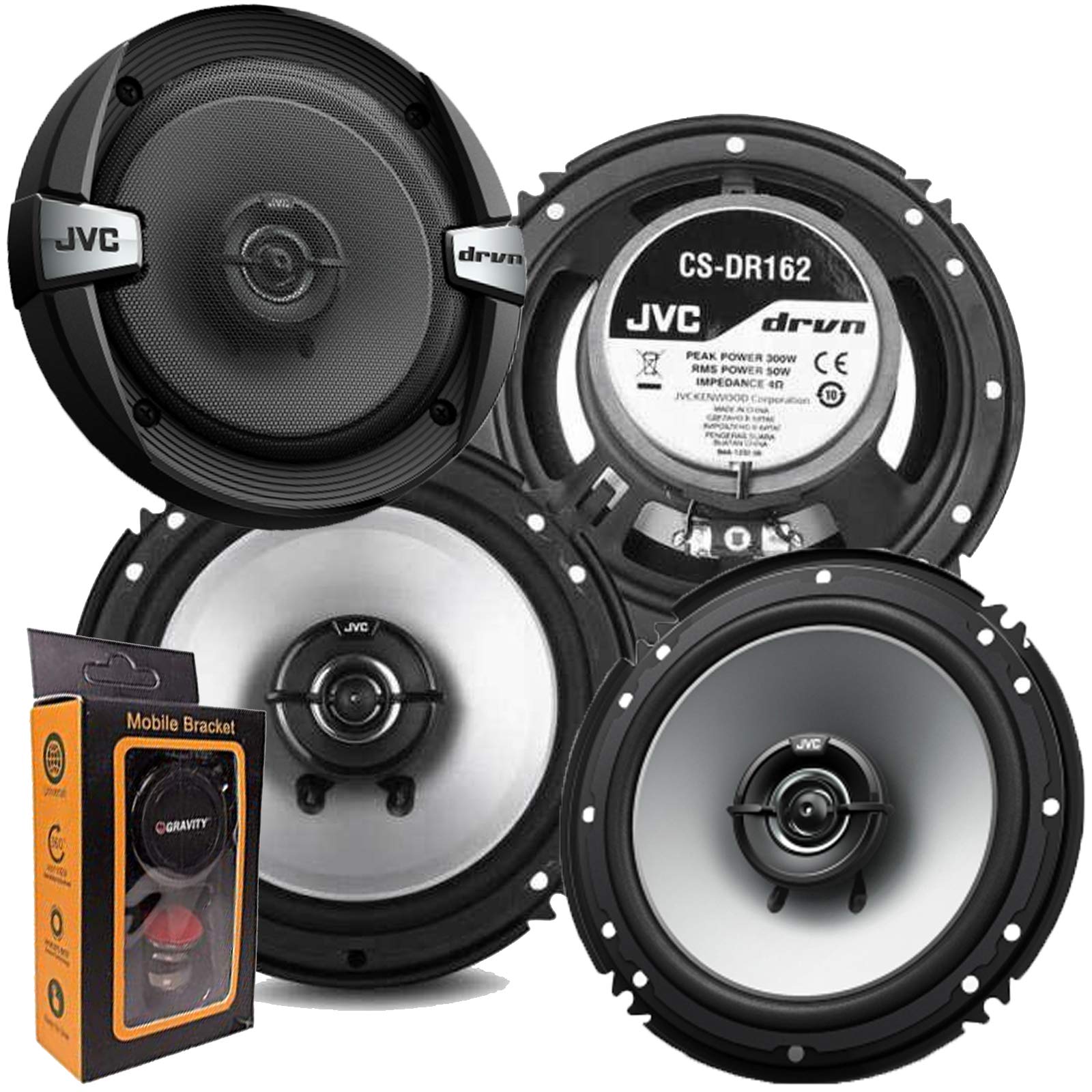 2 Pairs of JVC CS-DR162 DR Series 6.5 Inch 2-Way Coaxial Speakers (300 Watts Peak) - 4 Speakers + Free Gravity Phone Holder