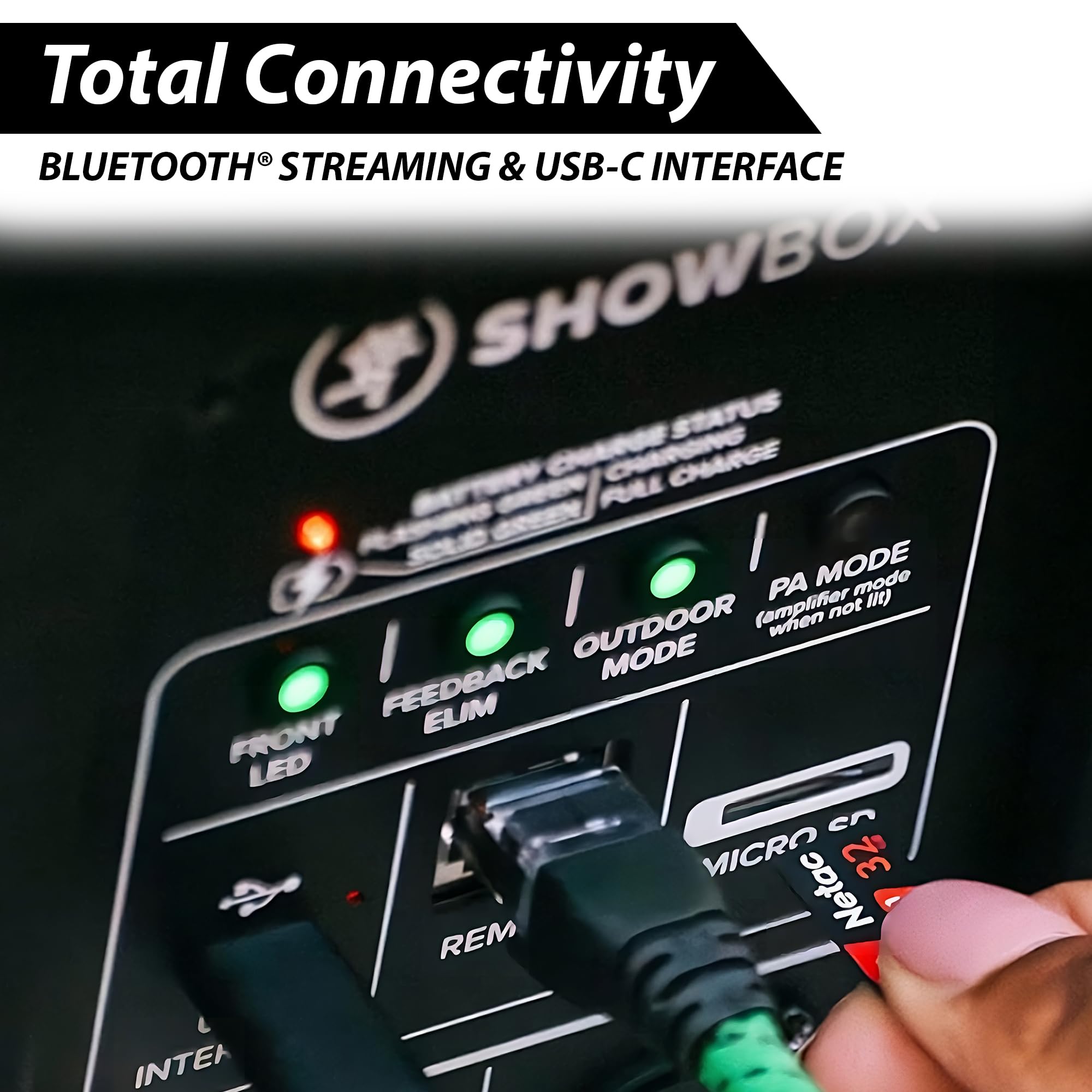 Mackie ShowBox All-in-One Battery Powered Performance Rig with Bluetooth Bundle with Pro XLR Mic Cable, Dynamic Microphone, and Adjustable Speaker Stands - Complete Live Sound