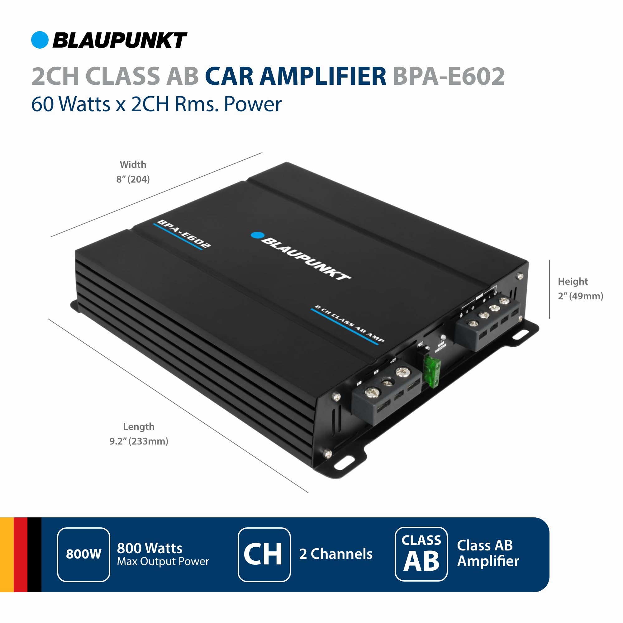 BLAUPUNKT BPA-E602 2-Channel Class AB Car Amplifier - 800W Max Power, 180W RMS Bridged - Compact Design for Crystal-Clear Audio