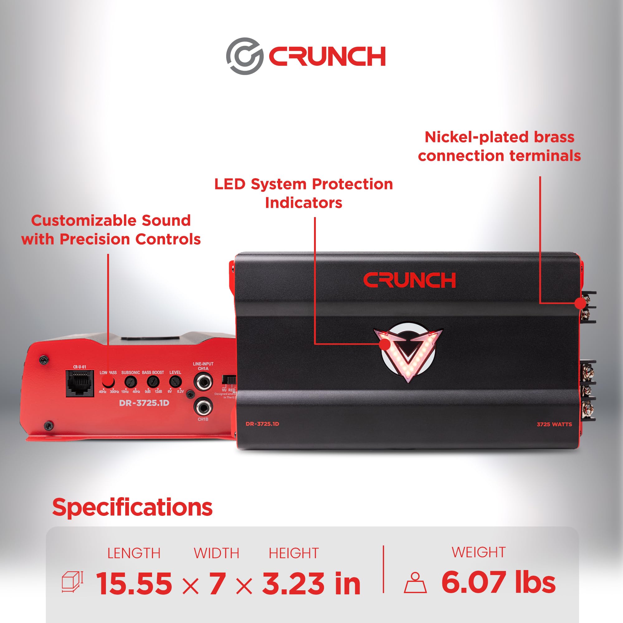 Crunch 3725W Monoblock Subwoofer Car Audio Amplifier with Adjustable Crossovers, Bass Knob & Remote, LED VU-Meter, QTD Cooling and PWM Power Supply