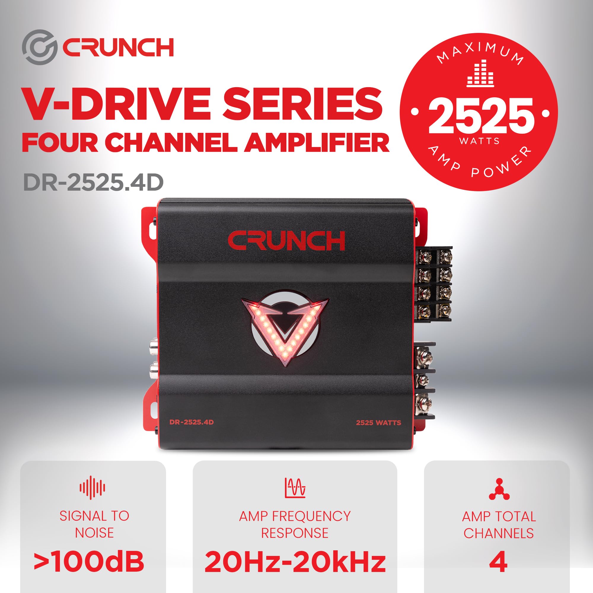 Crunch 2525W 4 Channel Subwoofer Car Audio Amplifier with Adjustable Crossovers, Bass Knob & Remote, LED VU-Meter, QTD Cooling and PWM Power Supply