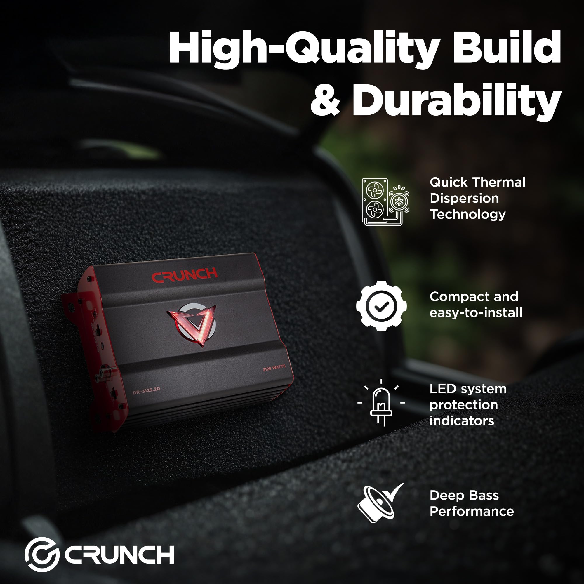 Crunch 3125W 2 Channel Subwoofer Car Audio Amplifier with Adjustable Crossovers, Bass Knob & Remote, LED VU-Meter, QTD Cooling and PWM Power Supply