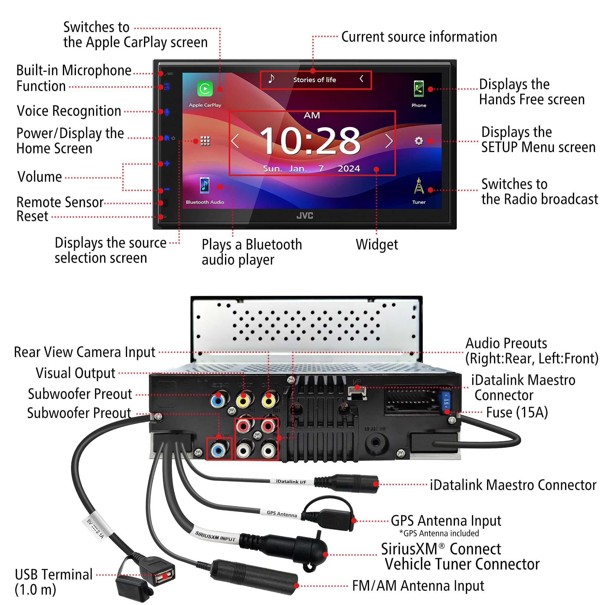JVC KW-M595BT Digital Car Stereo (50W x 6-Ch), Apple CarPlay & Android Auto Compatible, Bluetooth-Enabled Head Unit with 6.8