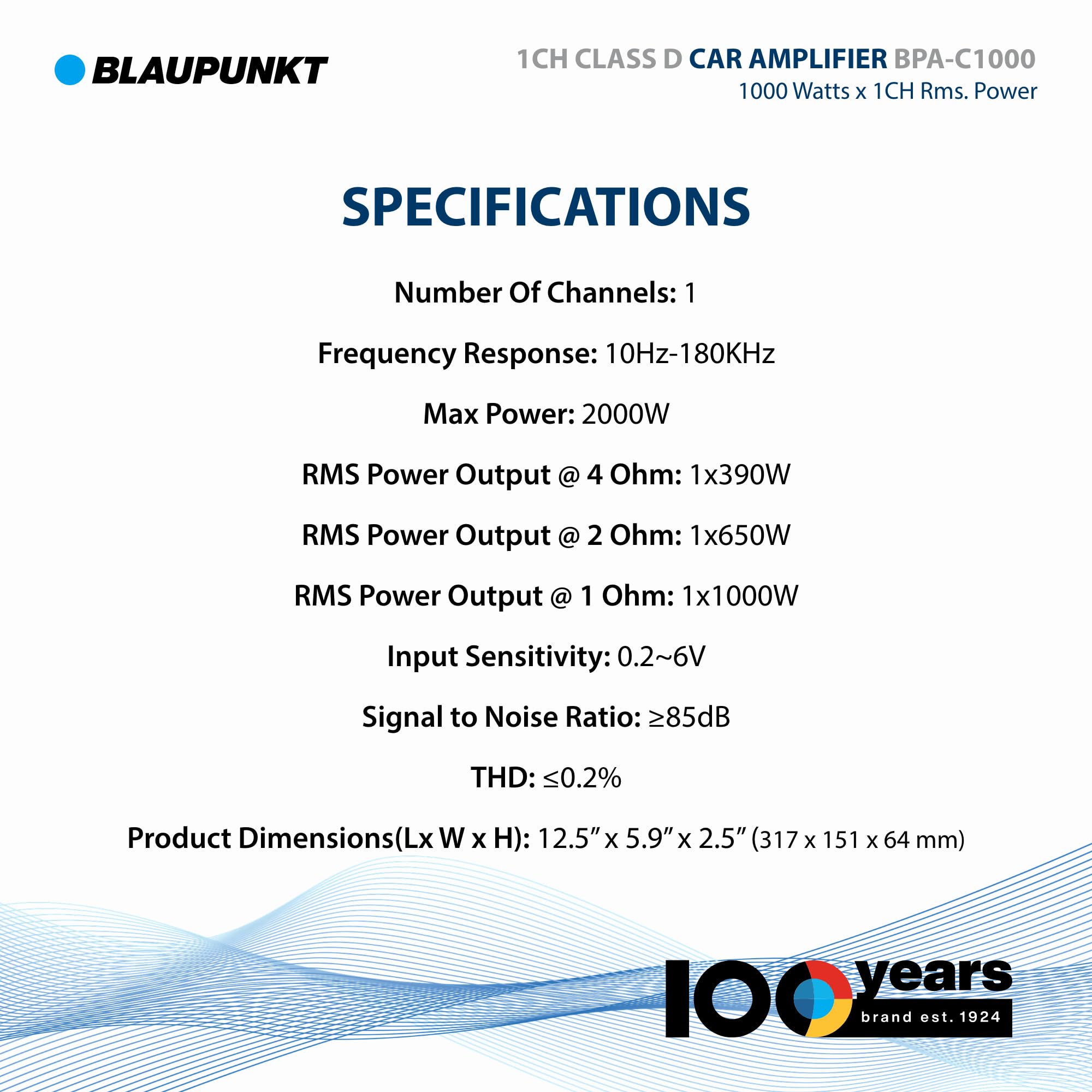BLAUPUNKT BPA-C1000 Elite C-Series Car Audio Mono Block Class D Amplifier - 1000 Watts x 1-Channel Rms - 2000 Watts Max Power Monoblock Amp - Black