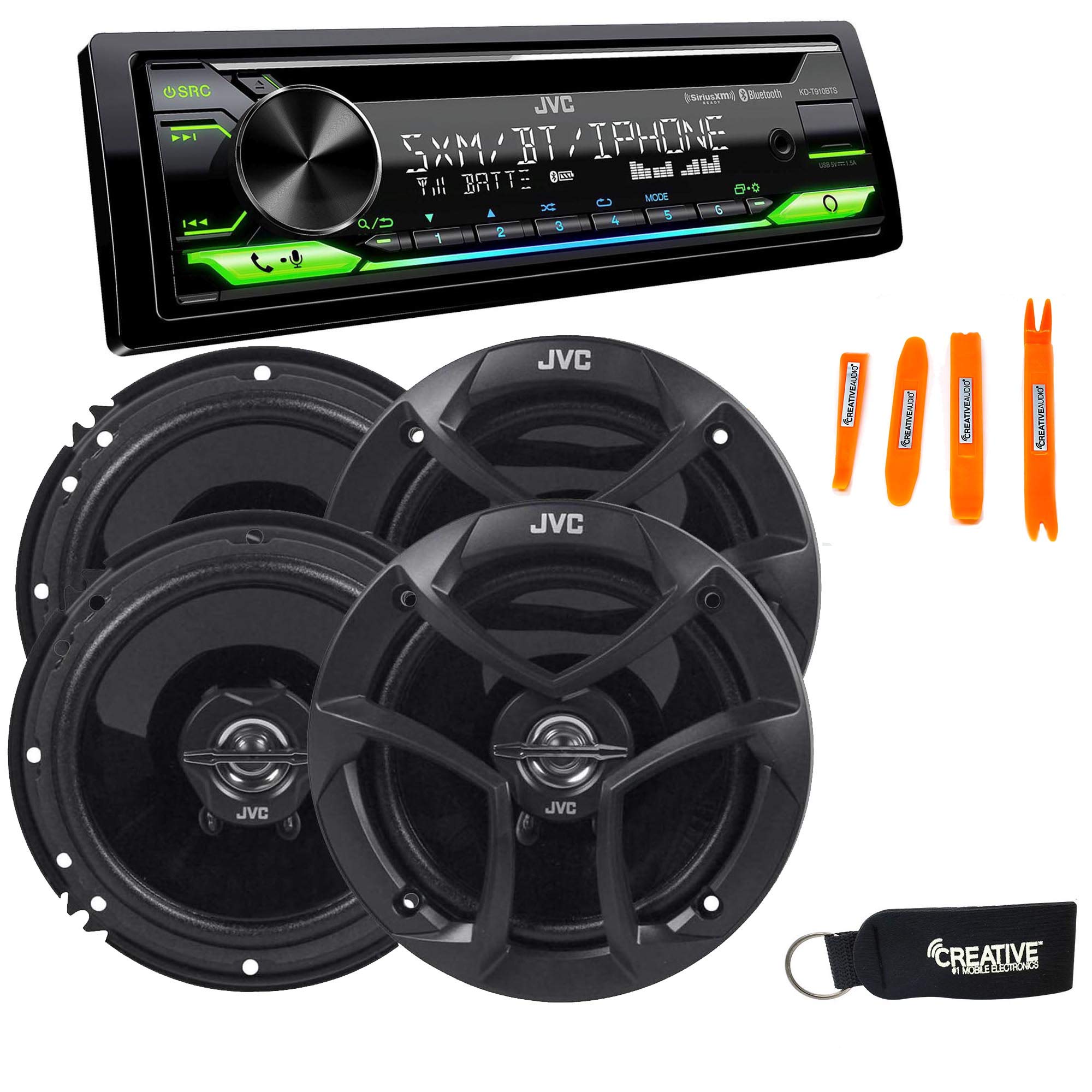 JVC KD-T910BTS - CD Receiver w/Bluetooth, Front USB, AUX, Amazon Alexa, SirusXM Ready + Two Pairs of JVC 6.5