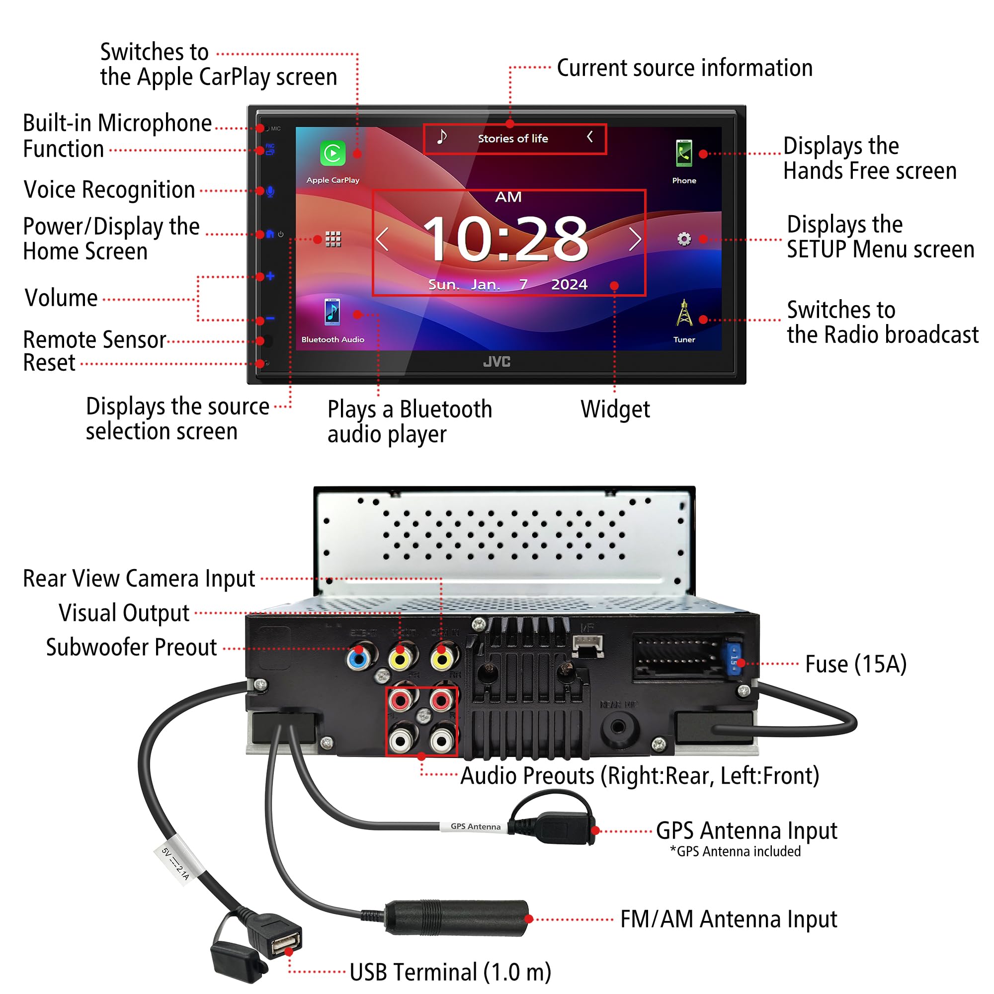 JVC KW-M590BT Single Din/Double Din Car Stereo (50W x 4-Ch), L-Shaped Chassis Fits Most Cars, Large 6.8