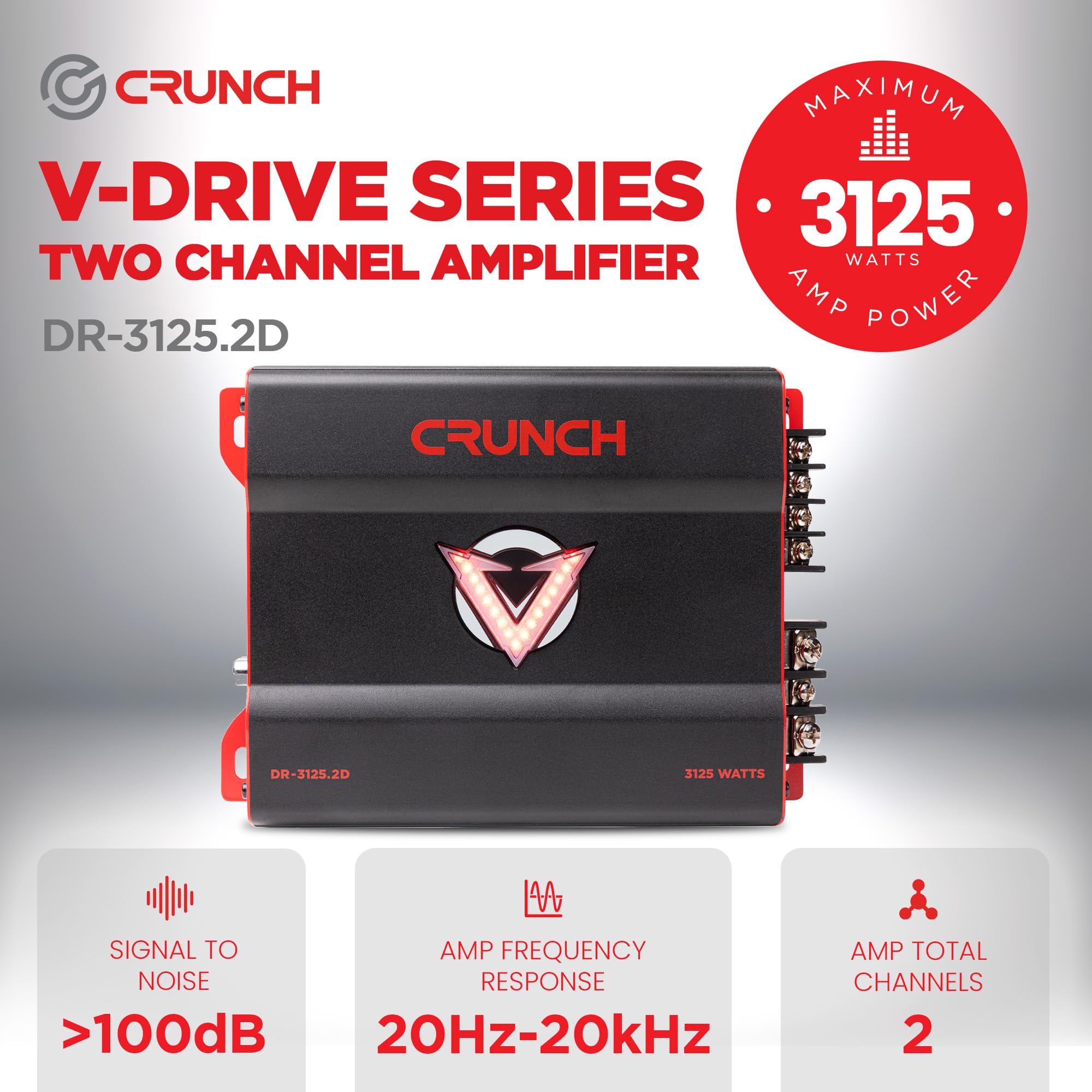 Crunch 3125W 2 Channel Subwoofer Car Audio Amplifier with Adjustable Crossovers, Bass Knob & Remote, LED VU-Meter, QTD Cooling and PWM Power Supply