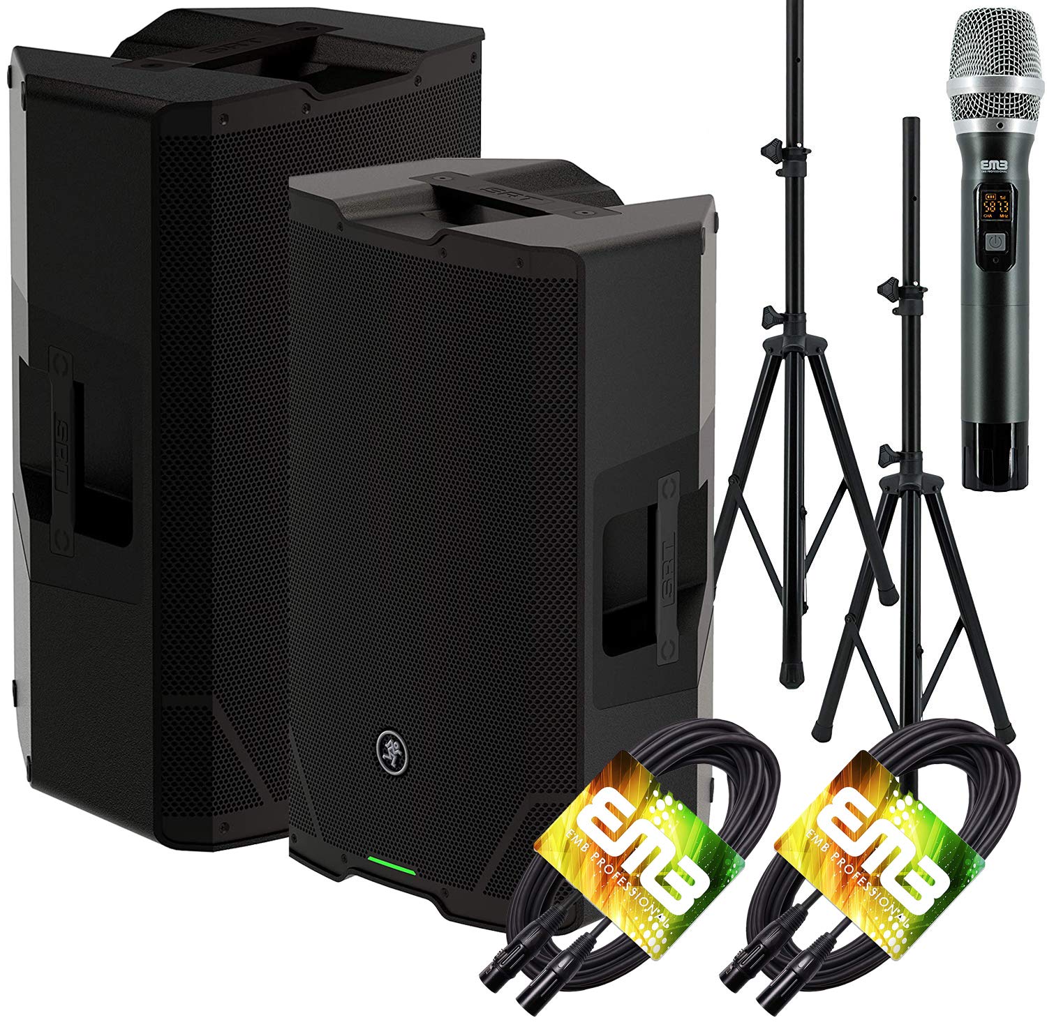 Pair of Mackie SRT212 1600W Powered PA Speaker with 12-inch Woofer, 4-Channel Digital Mixer, Impulse DSP Bluetooth with EMB Cables and Stands Bundle