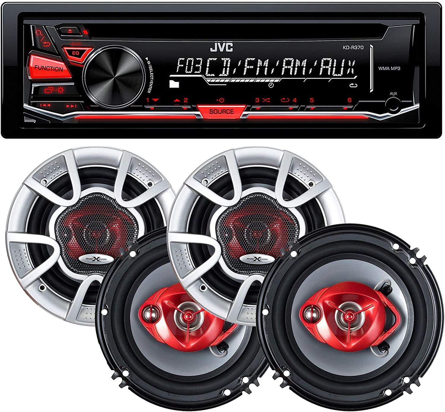 JVC KD-R370 Single Din in-Dash CD/Am/FM/Car Stereo W/Detachable Faceplate + 350 Watts 6 Inches (4 Speakers)