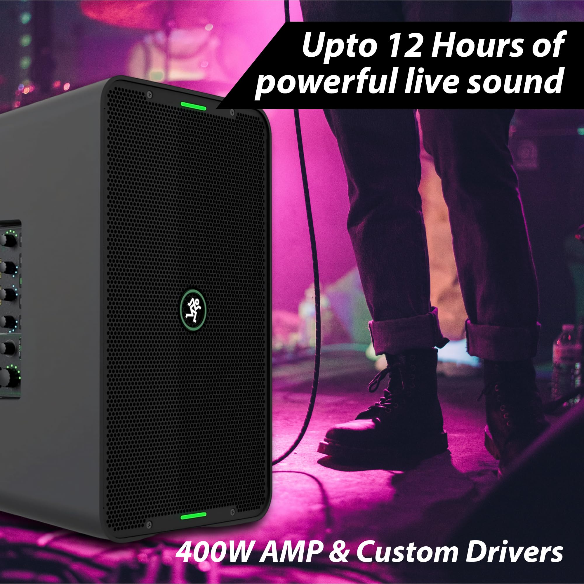 Mackie ShowBox All-in-One Battery Powered Performance Rig with Bluetooth Bundle with Pro XLR Mic Cable, Dynamic Microphone, and Adjustable Speaker Stands - Complete Live Sound