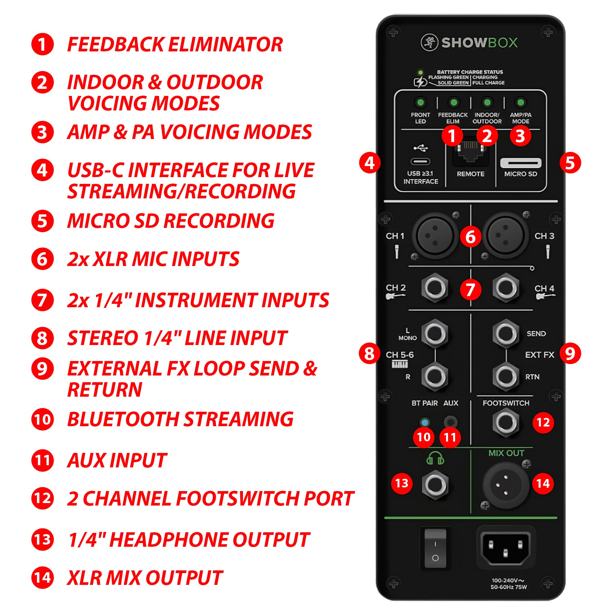 Mackie ShowBox All-in-One Battery Powered Performance Rig with Bluetooth Bundle with Pro XLR Mic Cable, Dynamic Microphone, and Adjustable Speaker Stands - Complete Live Sound