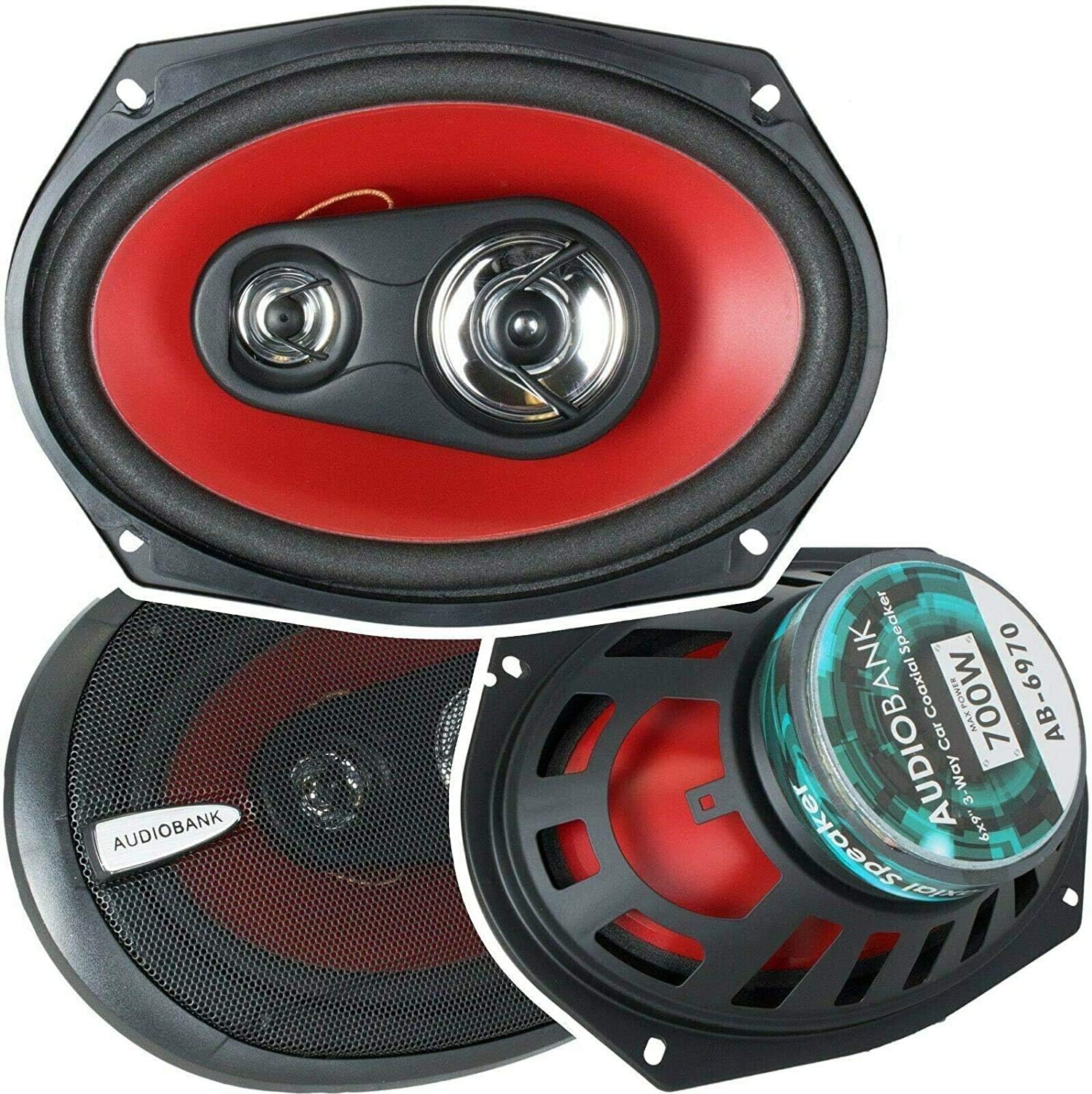 Audiobank 6x9 700 Watt 3-Way Red Car Audio Stereo Coaxial Speakers - AB6970 (2 Speakers)