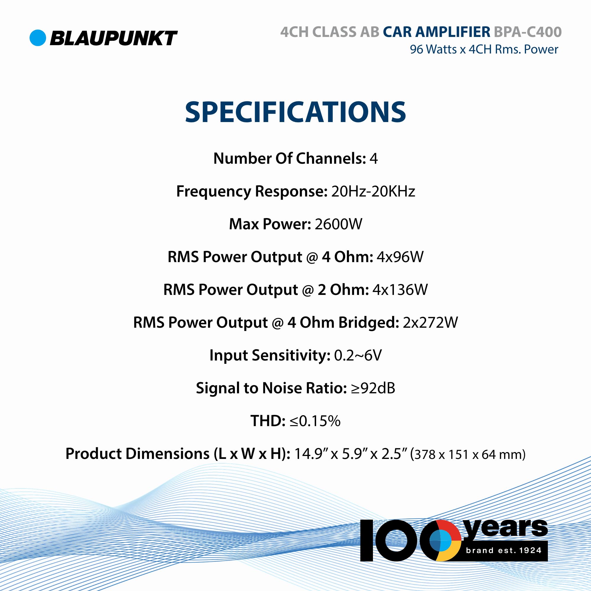 BLAUPUNKT BPA-C400 Elite Car Audio Class AB 4-Channel 2600W Stereo Amplifier