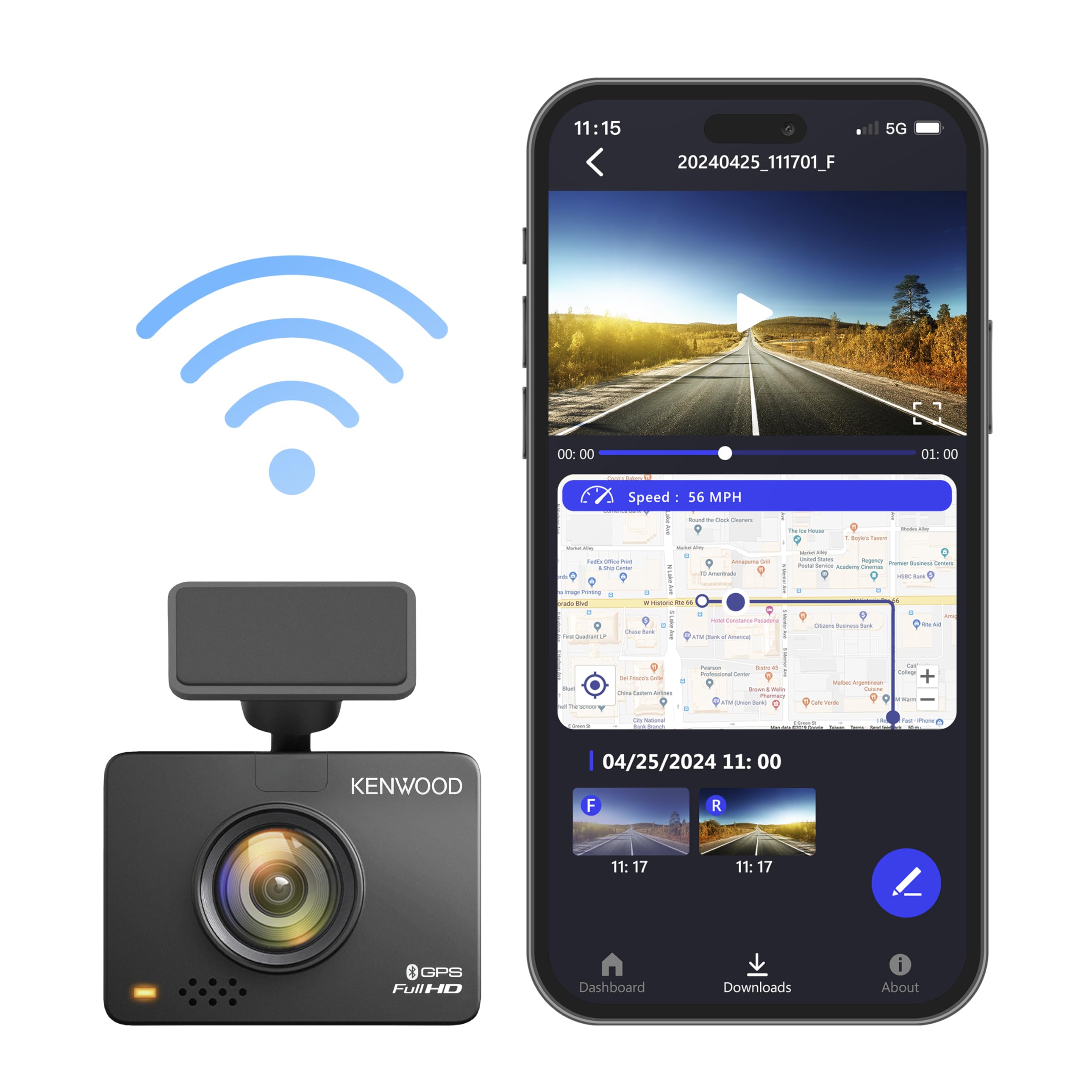 KENWOOD DRV-A310W GPS Dash Cam, Full HD Dashboard Camera, WDR/HDR Car Camera with Bluetooth & Wi-Fi Connectivity, G-Sensor, Collision Detection, Optional Rear Camera Support