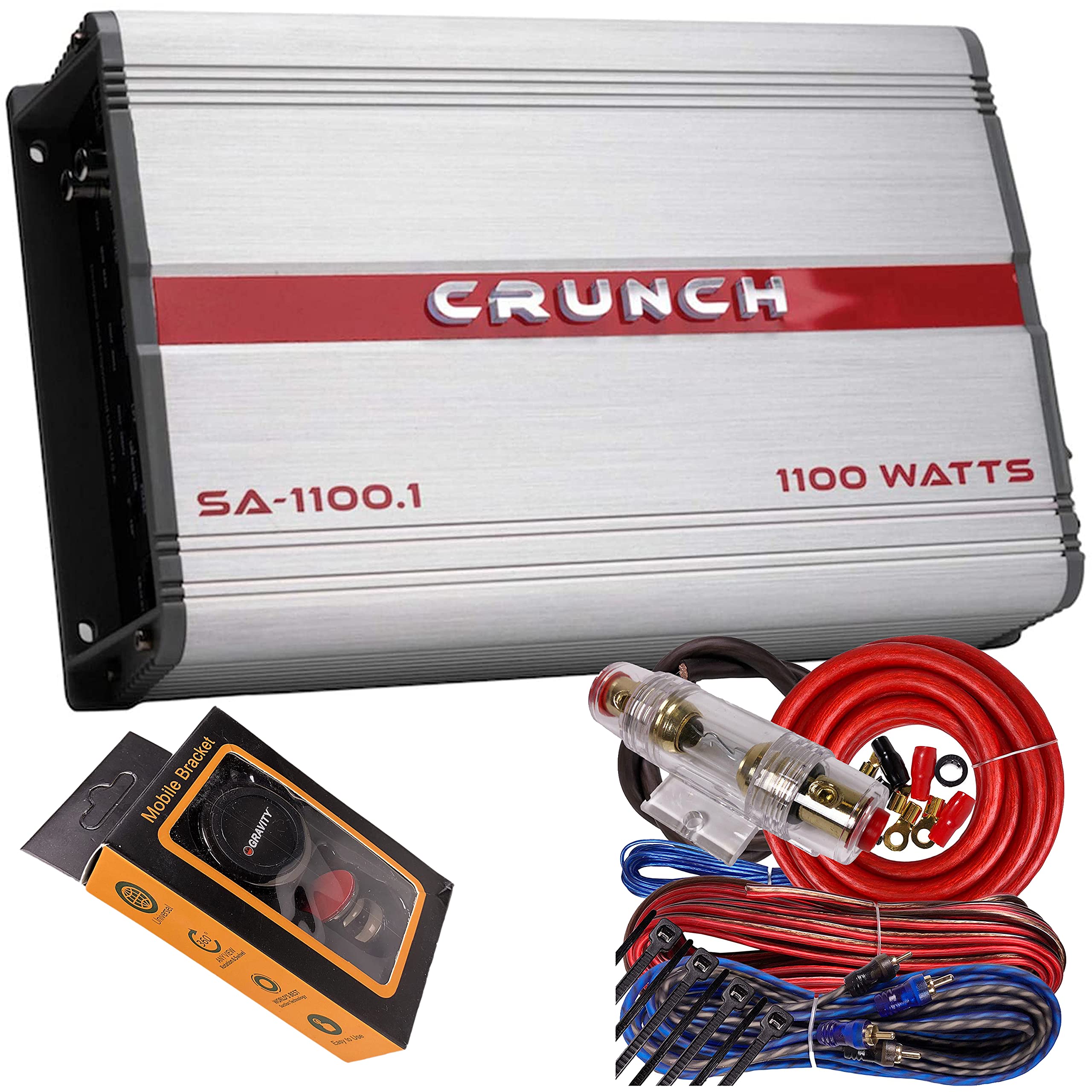 Crunch SA-1100.1 Smash Series 1,100-Watt Monoblock Class AB Amp Car Audio Sound System Subwoofer Speaker Amp Amplifier with Gravity Magnet Phone Holder and 4 Gauge Kit Red Bundle