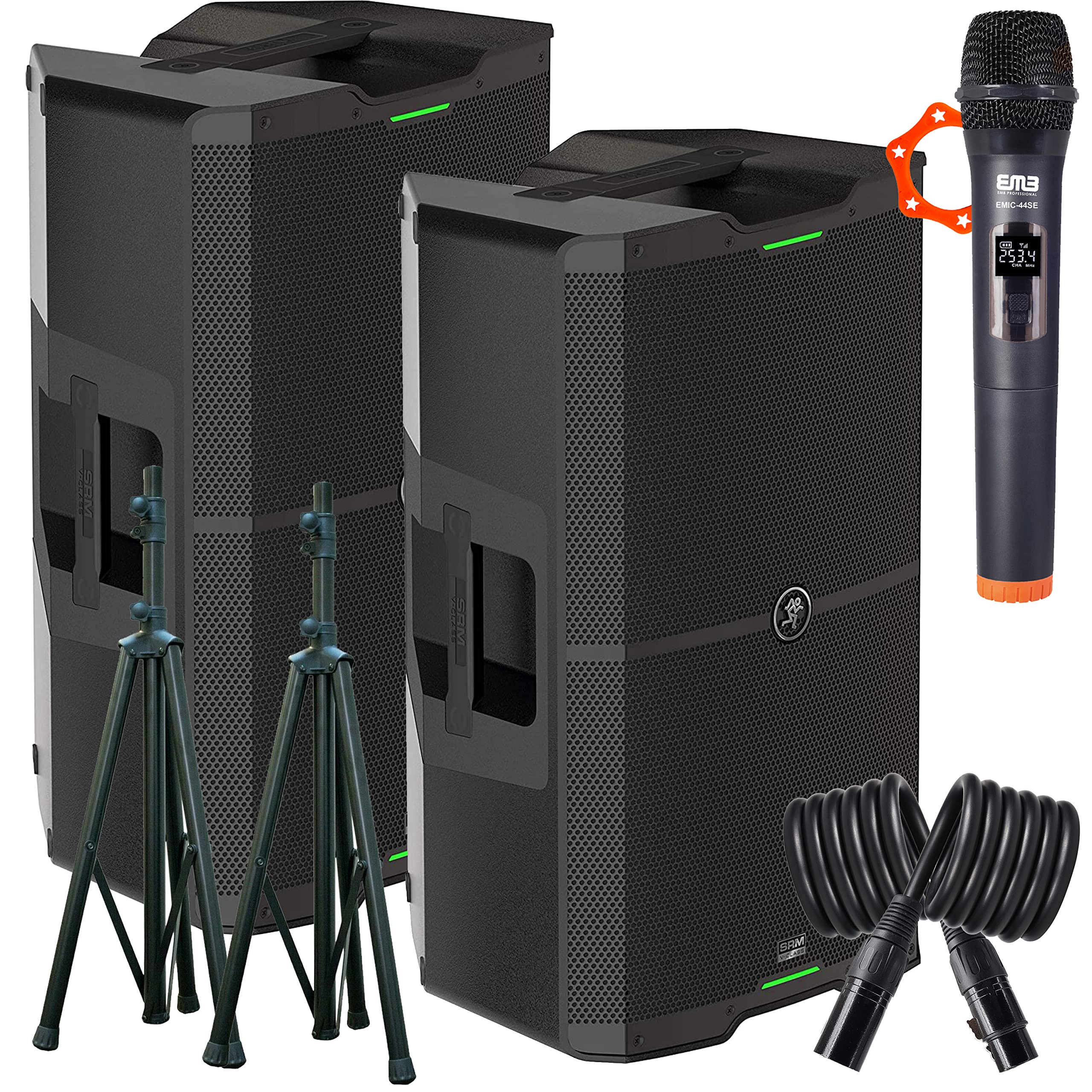 Mackie 2X SRM V-Class Series, 15-Inch 2000W High-Performance Loudspeaker, Powered-Black (SRM210 V-Class) (Pair) with EMB Speaker Stand, EMB Cable and EMB Wireless Microphone Bundle