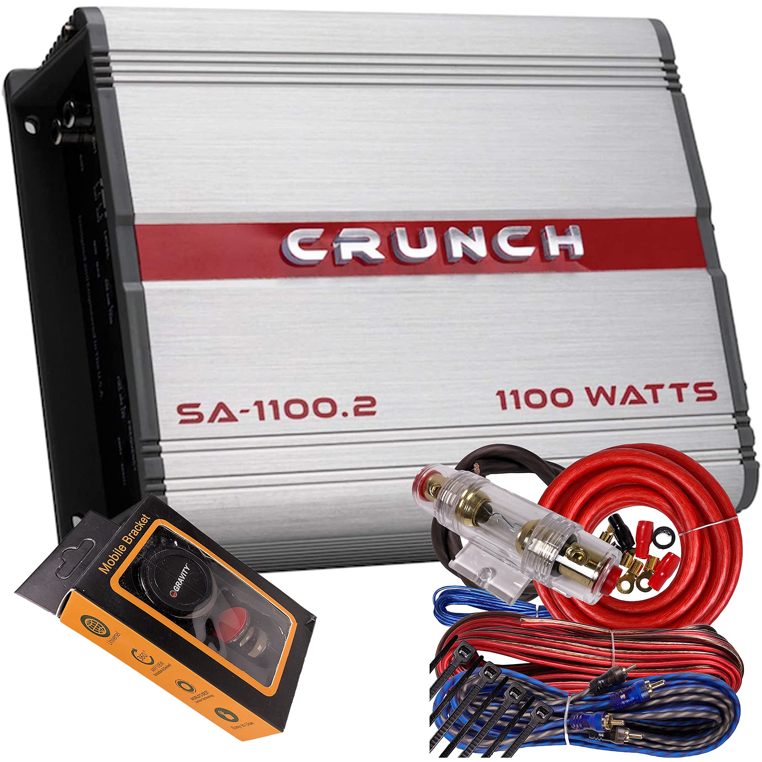 Crunch SA-1100.2 Smash Series 1,100-Watt 2-Channel Class AB Amp Car Audio Sound System Subwoofer Speaker Amp Amplifier with Gravity Magnet Phone Holder and 4 Gauge Kit Red Bundle