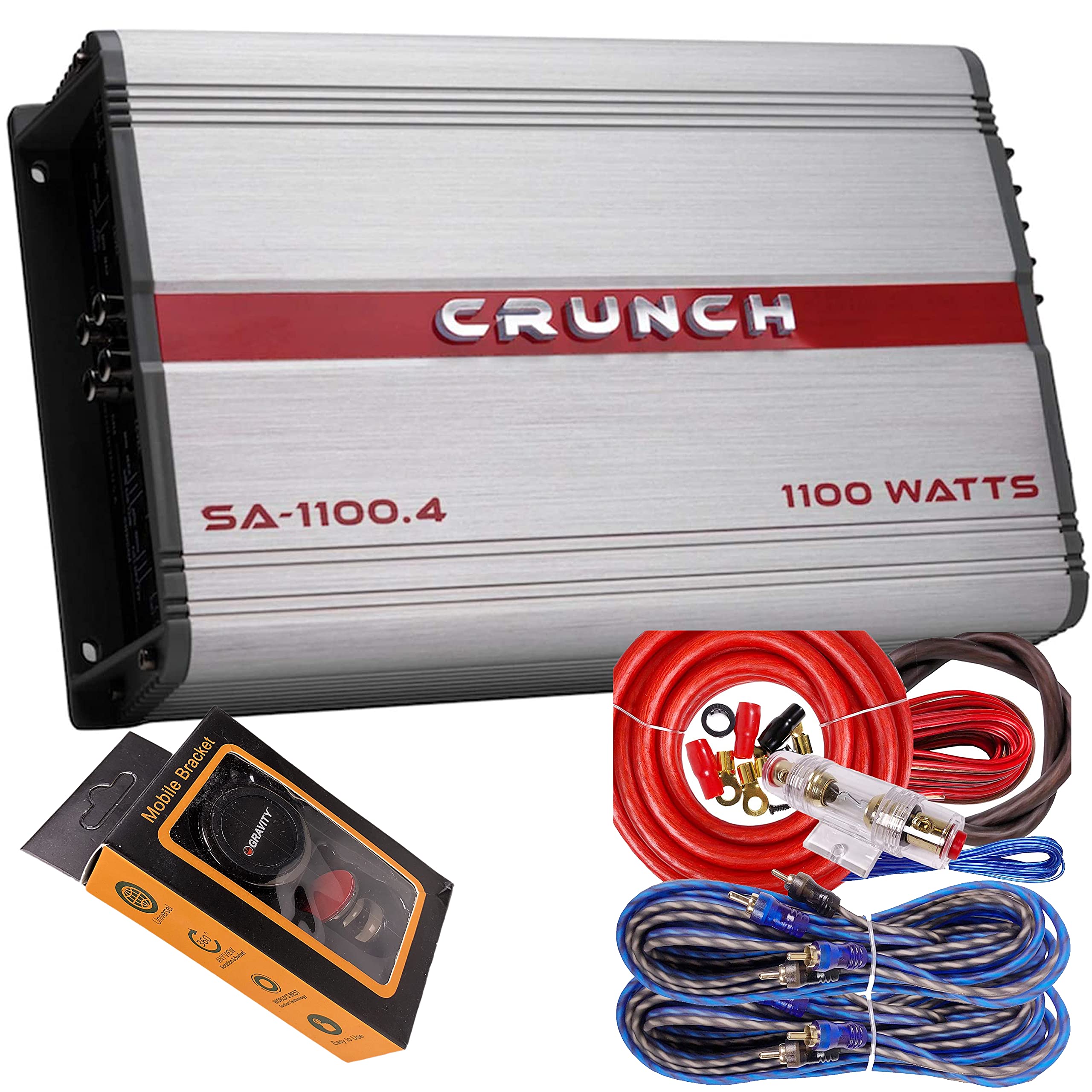 Crunch SA-1100.4 Smash Series 1,100-Watt 4-Channel Class AB Amp Car Audio Sound System Subwoofer Speaker Amp Amplifier with Gravity Magnet Phone Holder and 4 Gauge Kit Red Bundle