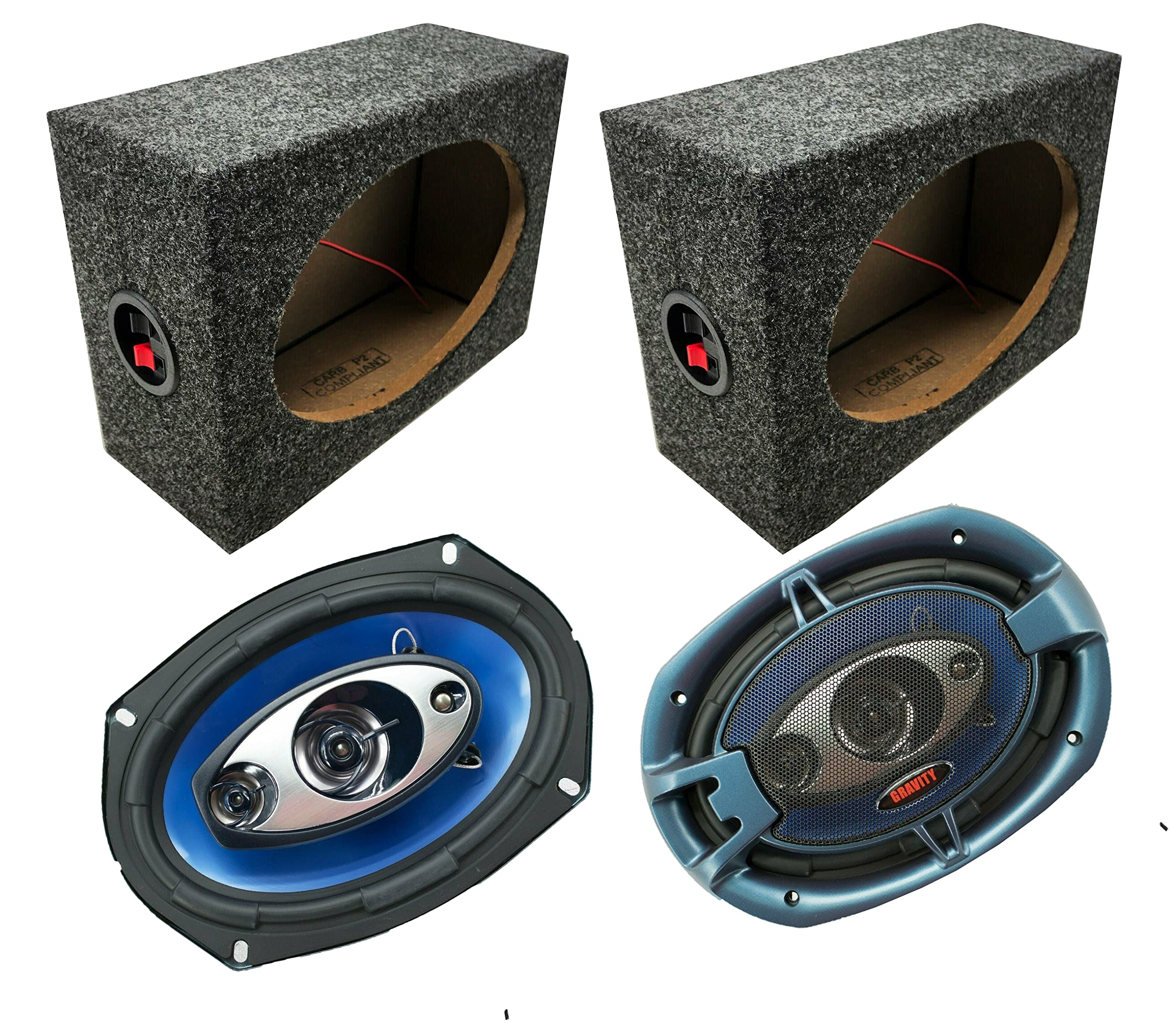 Gravity 6x9 inch 4-Way 380 Watts Coaxial Car Speakers CEA Rated w/Angled Style 6 x 9 Inch Car Audio Enclosures MDF Sturdy Constructed Speaker Boxes