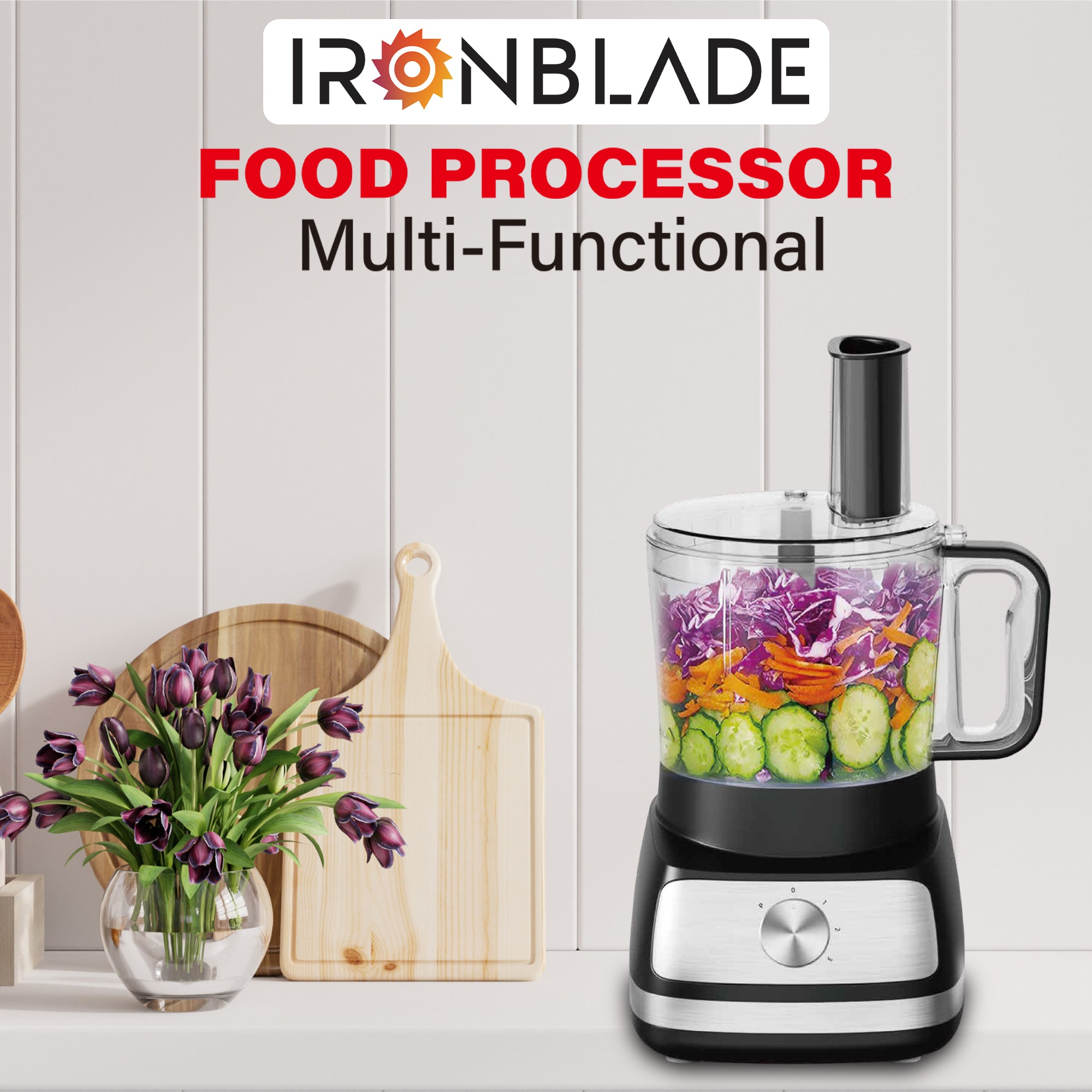 IronBlade Multi-Functional 5-in-1 Food Processor, 1.5L Bowl, 4-Speed Control, Slicing, Shredding, Chopping, and Kneading