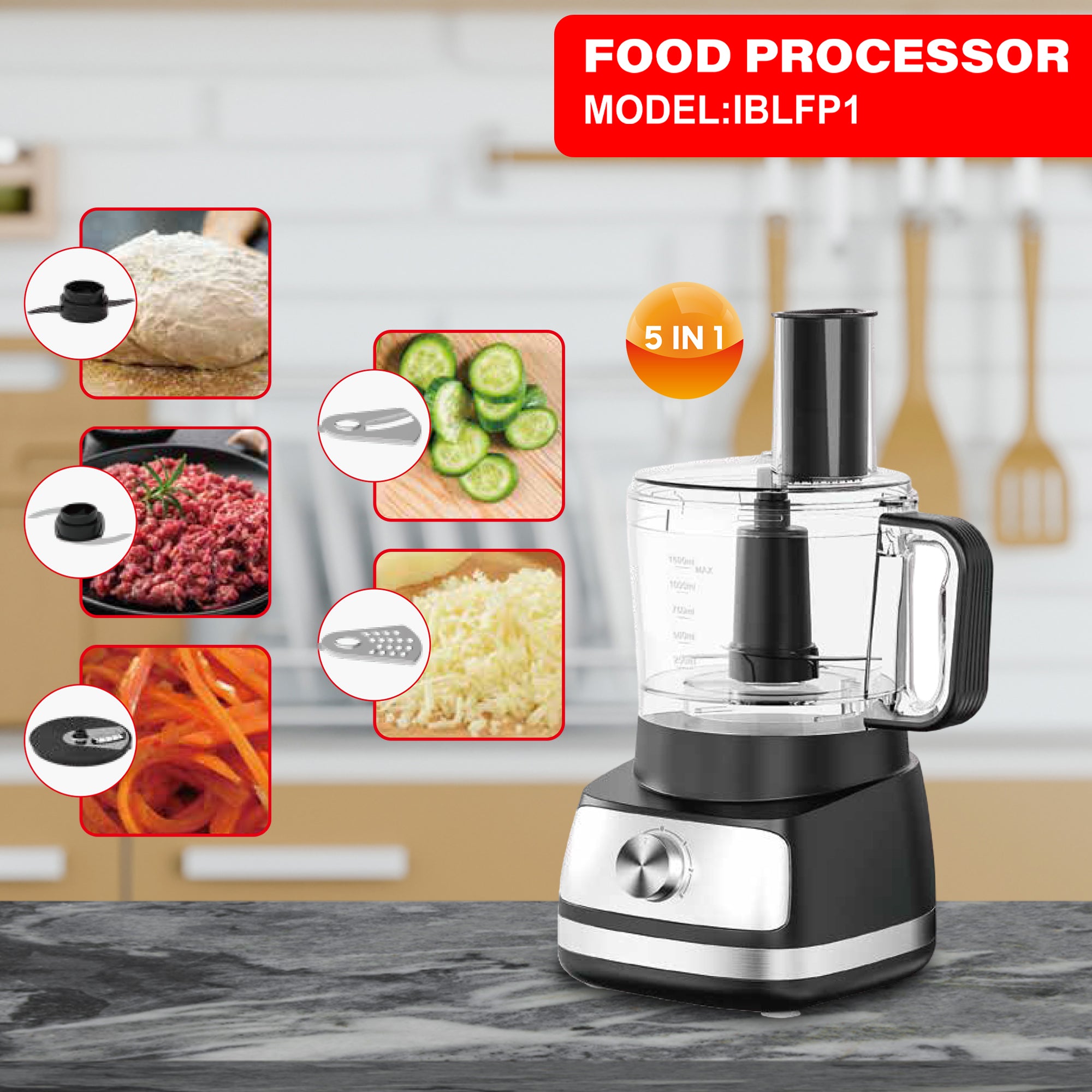 IronBlade Multi-Functional 5-in-1 Food Processor, 1.5L Bowl, 4-Speed Control, Slicing, Shredding, Chopping, and Kneading