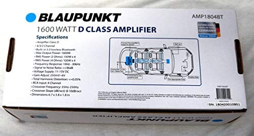 BLAUPUNKT AMP1804BT Car Audio 4-Channel Class D Amplifier 1600W with Bluetooth Full Range Amp.