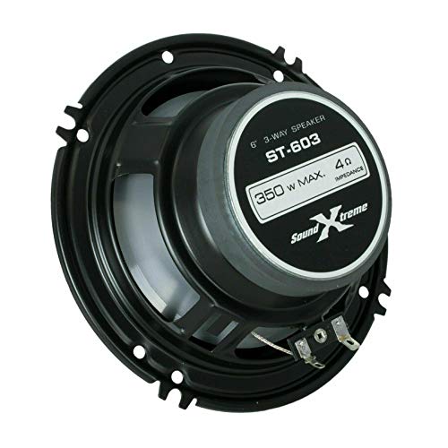 4X Soundxtreme ST-603 6-Inch 3-Way 350 Watts Maximum Power Coaxial Car Audio Speakers with PEI Dome Tweeter 4 Ohms Impedance, 89 dB Sensitivity, Frequency 65 Hz - 20kHz