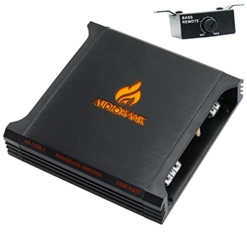 Audiobank AB1500.1 Monoblock 2500 Watt 2 Ohm A/B Class Car Audio Stereo BASS Amplifier with Bass Control, Bridgeable, LED Indicator with Bass Knob Included